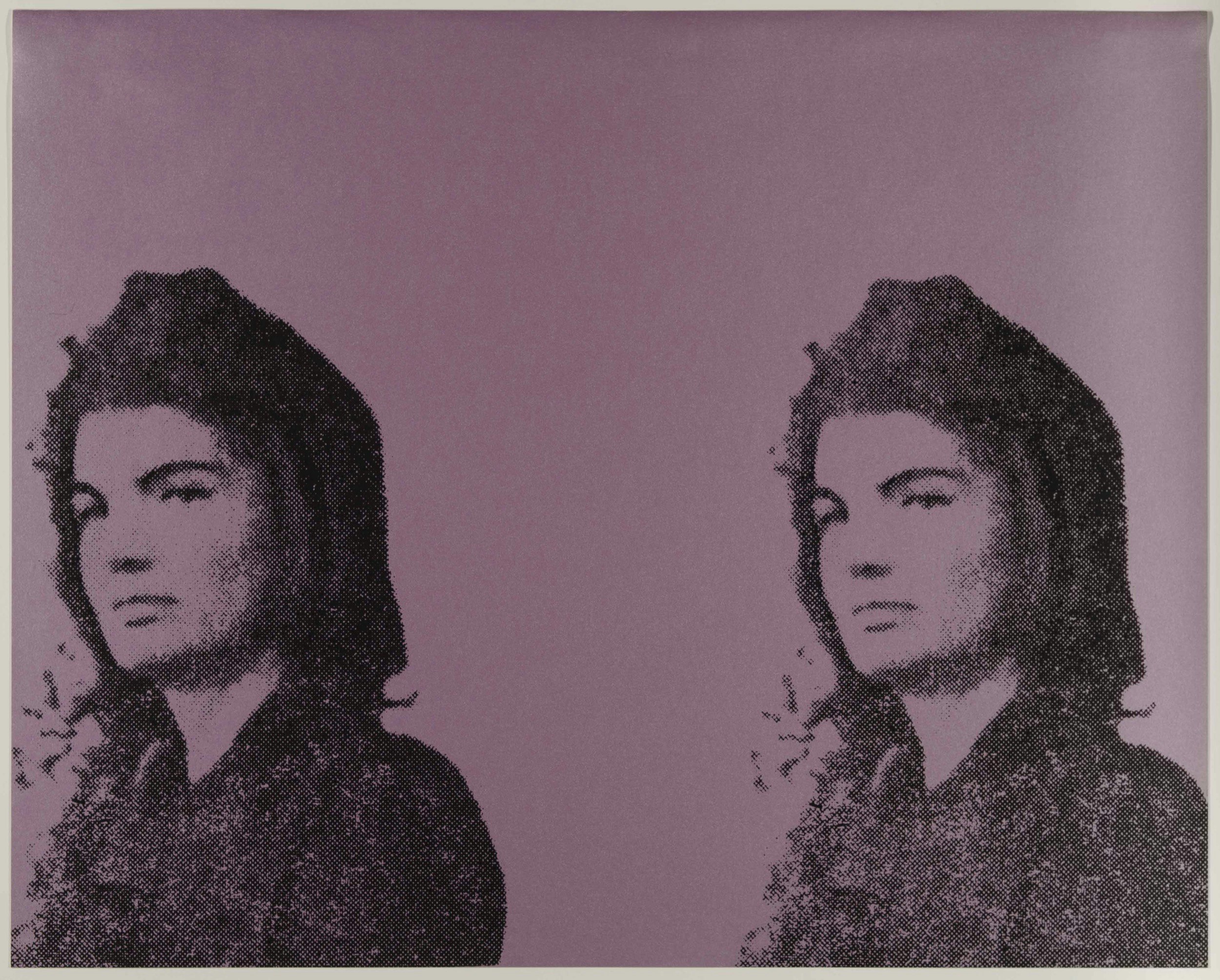 Two side-by-side images of Jackie Kennedy on a purple background; Warhol in the US