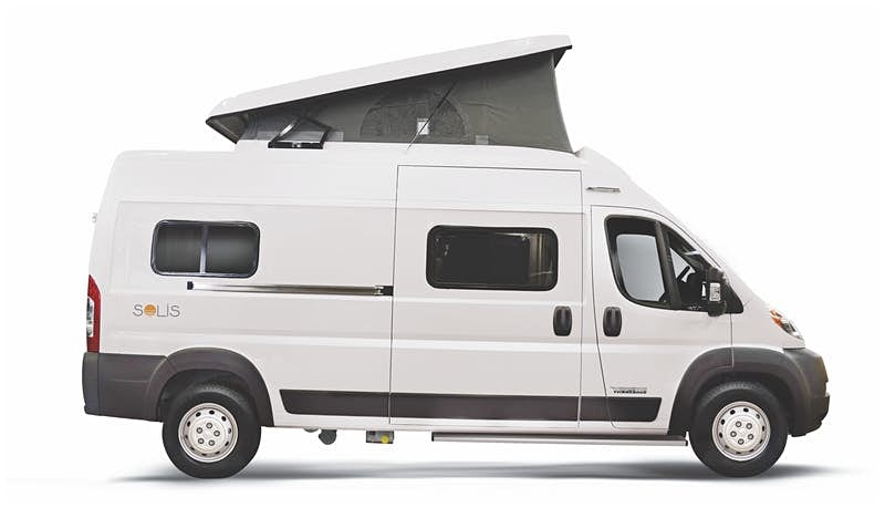 A white camper van with a pop-top on a white background. 
