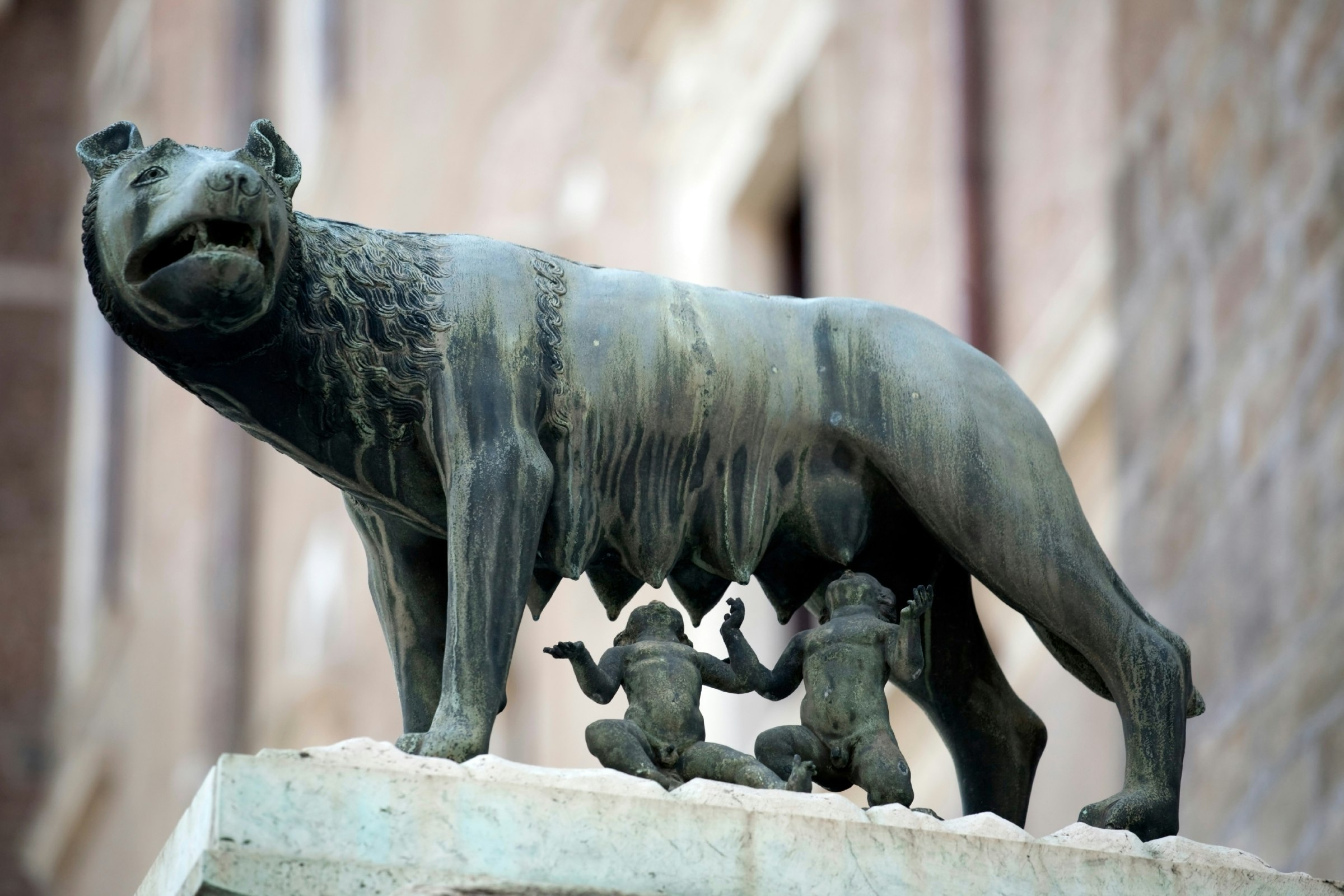 A statue of Romulus and Remus being nursed by a wolf at the Piazza di Campidoglio
