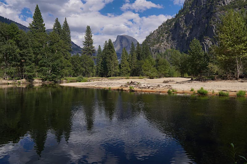 The Half Dome is seen through some trees; how to photograph Yosemite like Ansel Adams