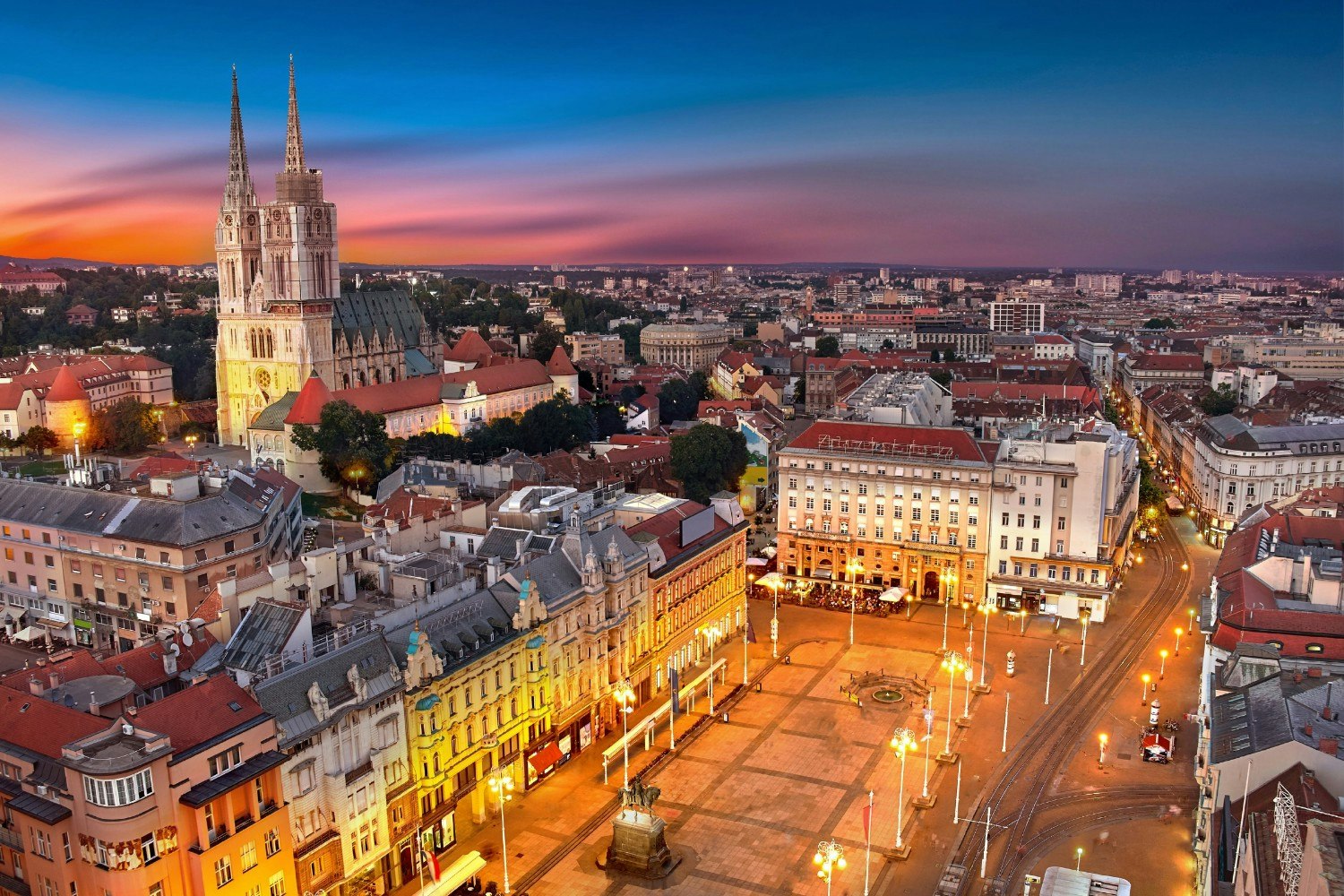 Zagreb Croatia at Sunset. Aerial View from above of Ban Jelacic Square.