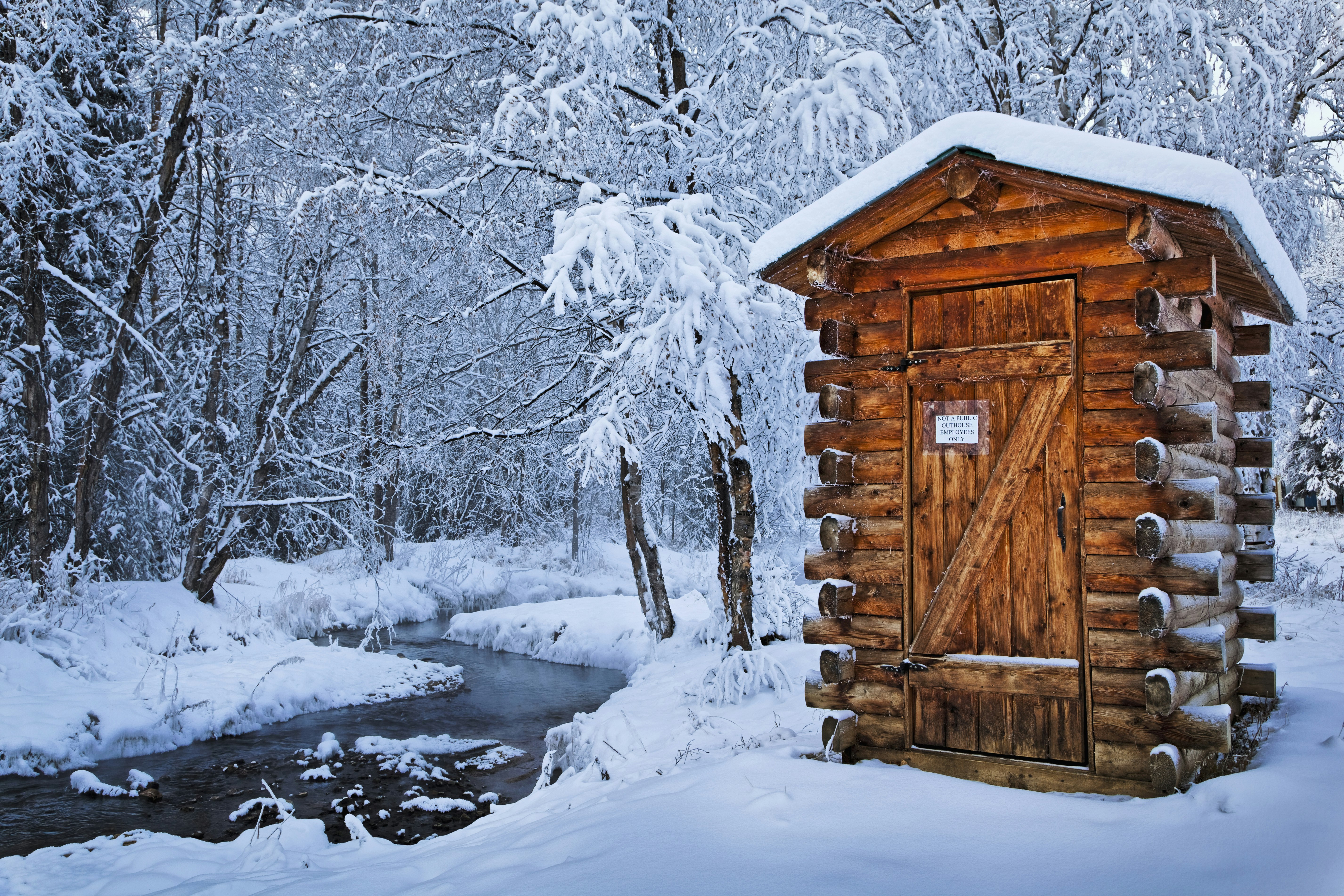 A wooden outhouse with a backdrop of a snowy forest