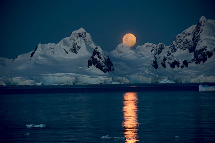 A yellowy moon rising over icebergs and snowy peaks in Antarctica, the moonlight reflected in the center of the frame against the deep blue water