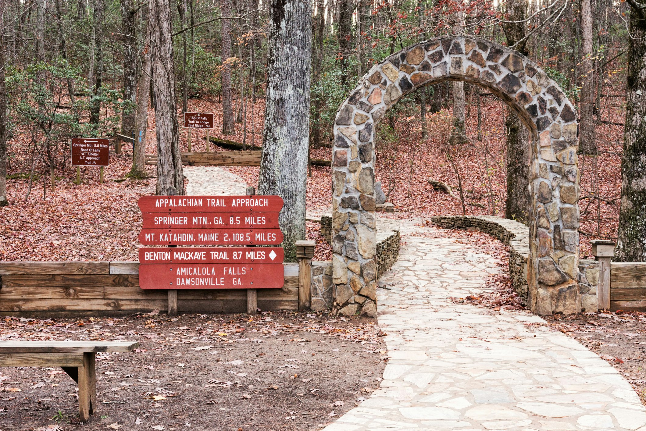 The famous stone arch at Amicalola Falls State Park marks the start of the Appalachian Trail approach segment that takes hikers to the southern terminus at Springer Mountain