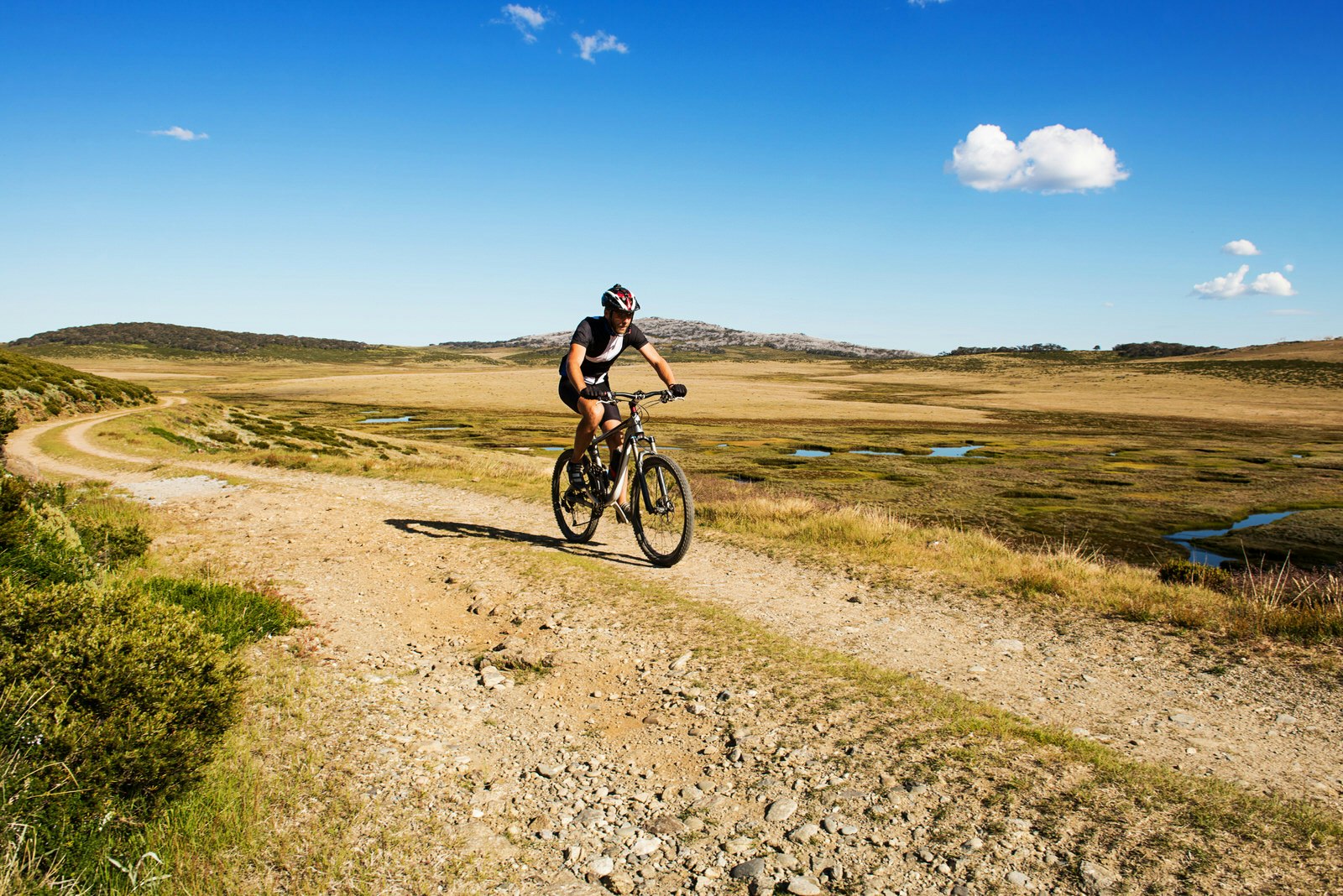 A mountain biker cycling on a rocky fire trail track across grassy plains in the Australian Alps.