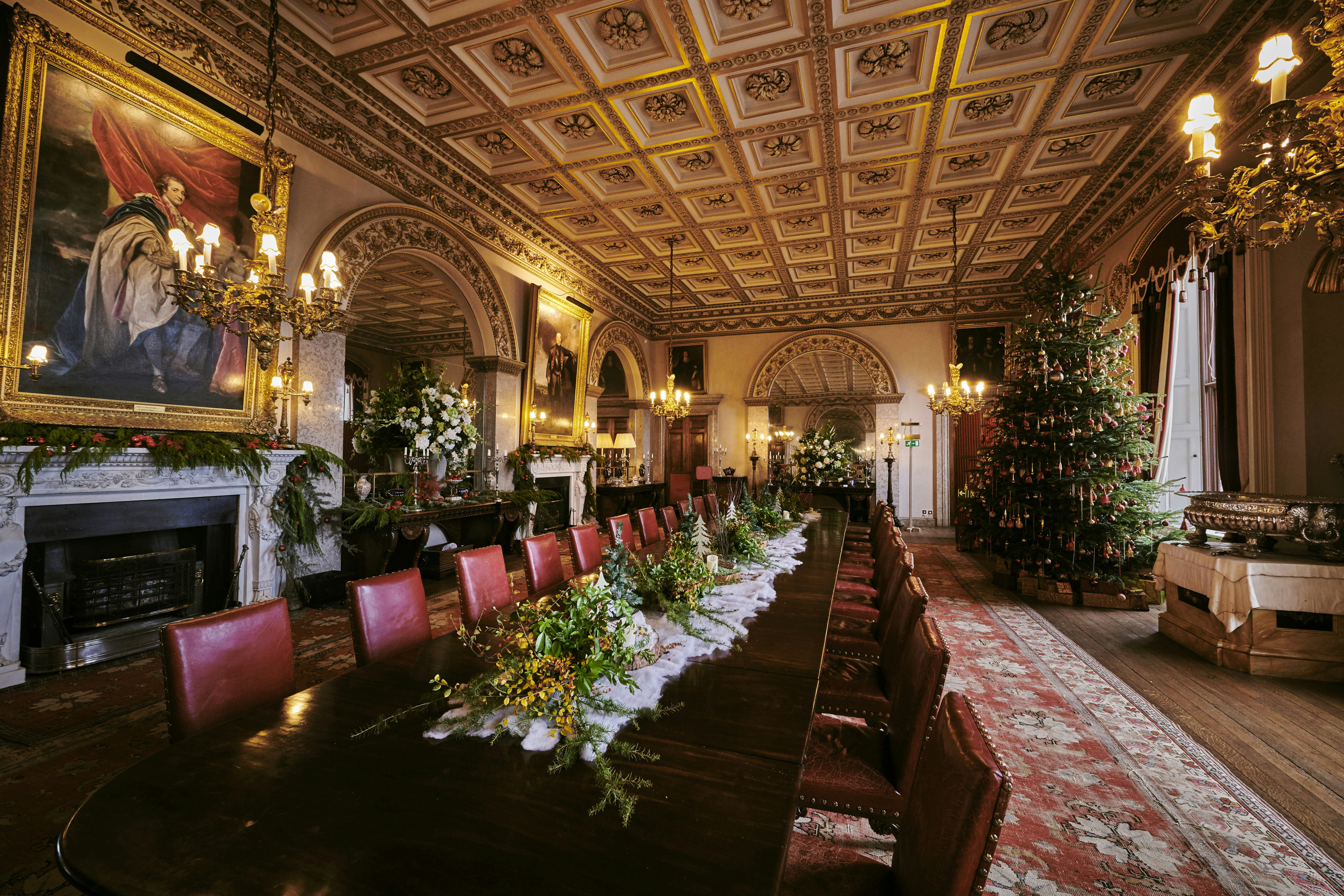 A view of the main dining room of the castle, decorated for Christmas