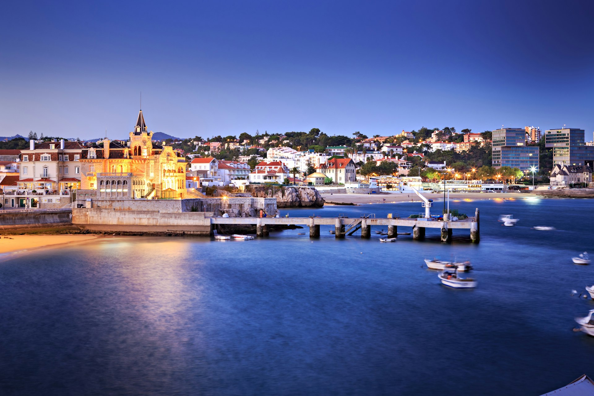 A shot of Cascais and its waterfront at night