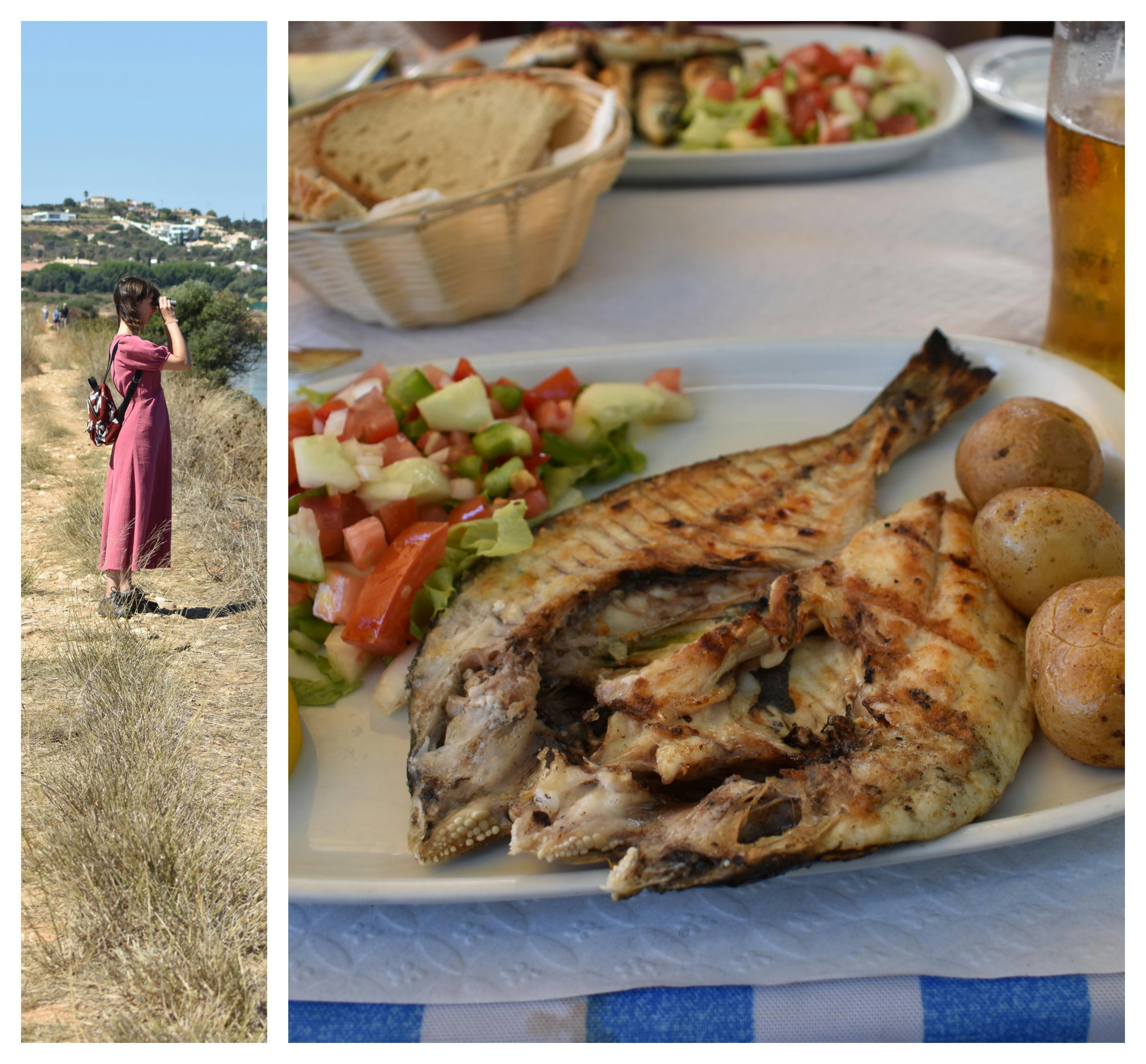 On the left a woman holds binoculars up to her face. On the right, a close up of grilled fish, potatoes and salad