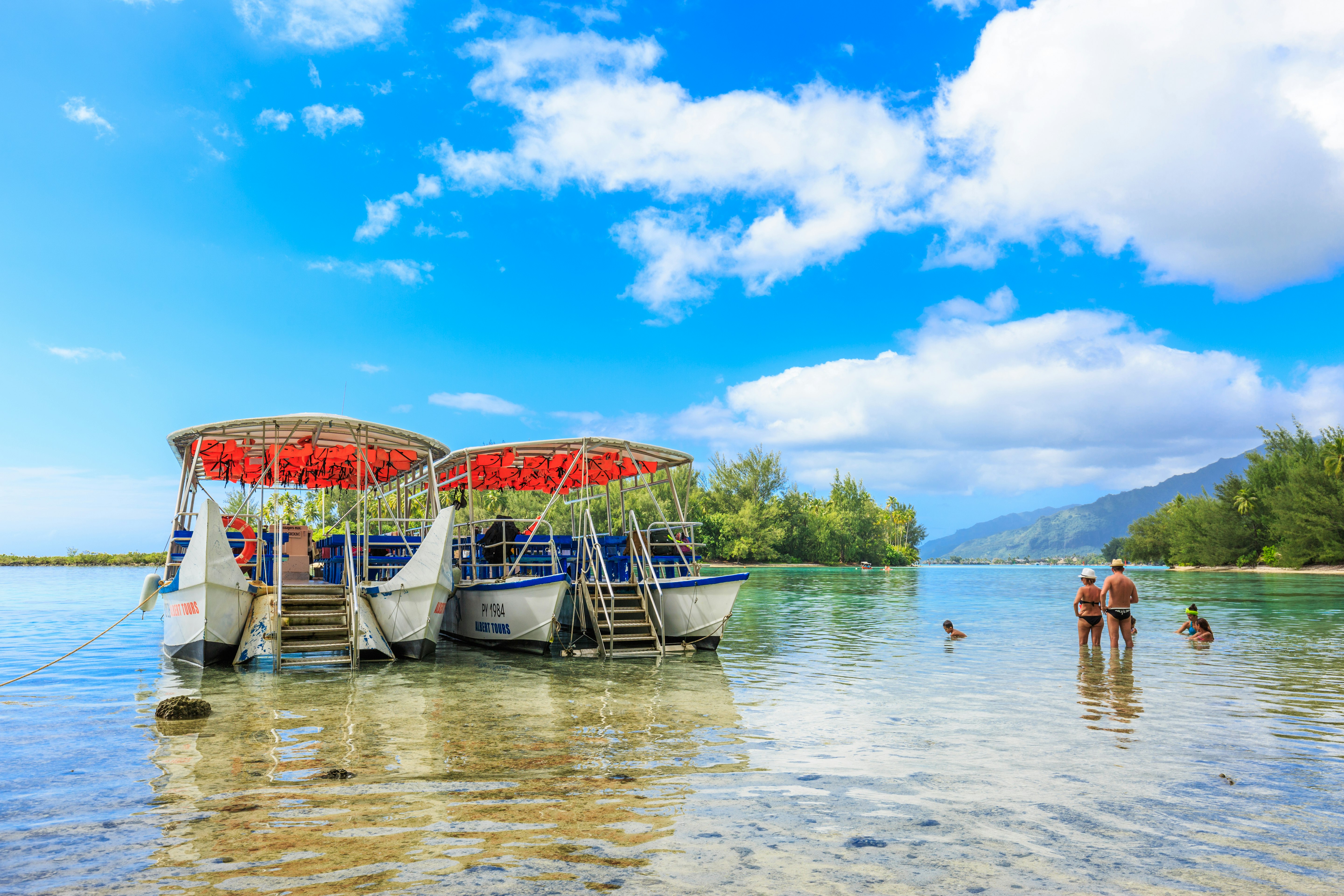 Two passenger boats moored in the shallow waters of Mo'orea Island as tourists snorkel and paddle beside.