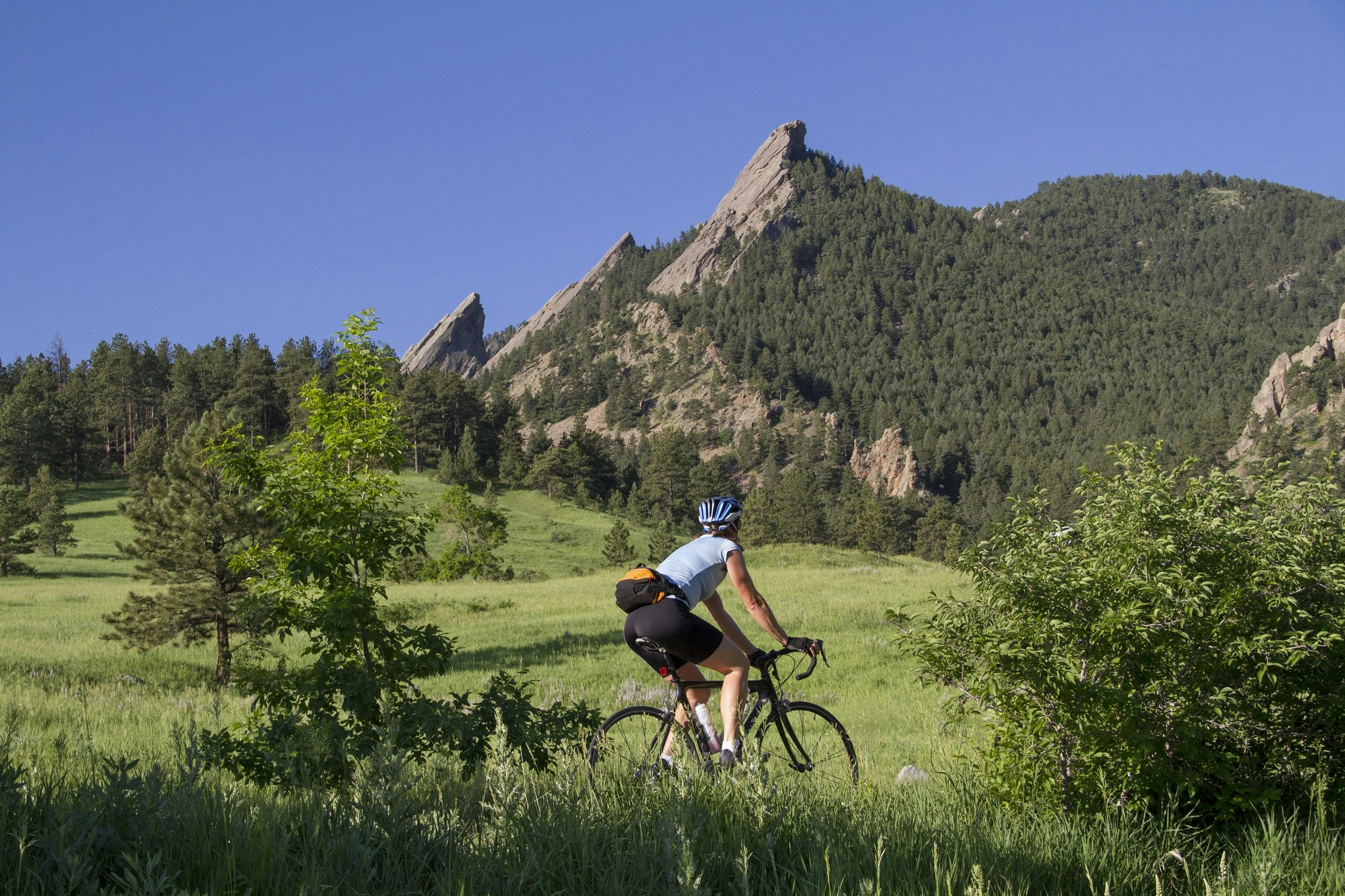A lone cyclist pedals through rolling hills covered in grass and forest; she looks up to some rocky peaks above.
