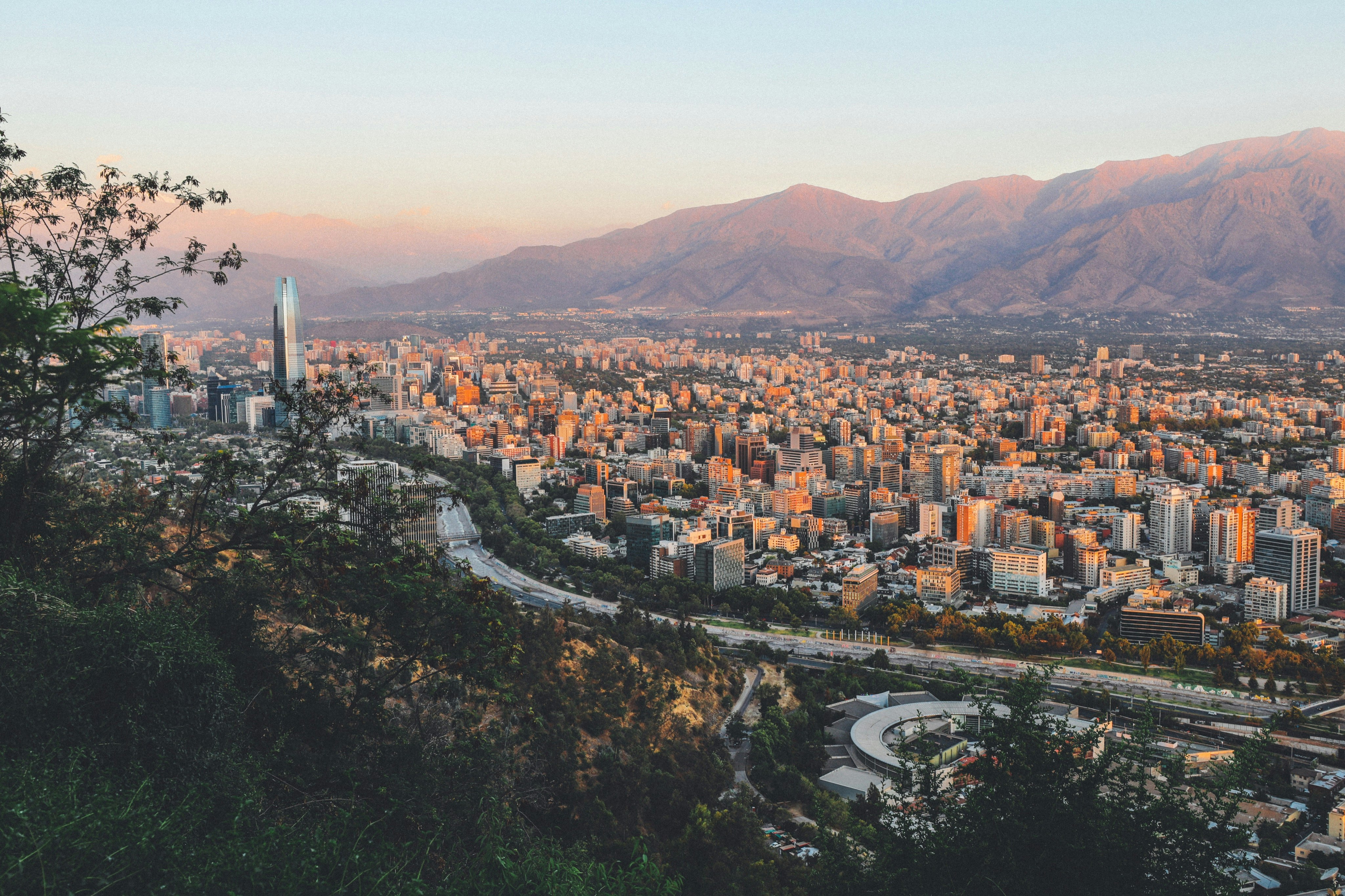 A landscape picture of Santiago with early-morning light