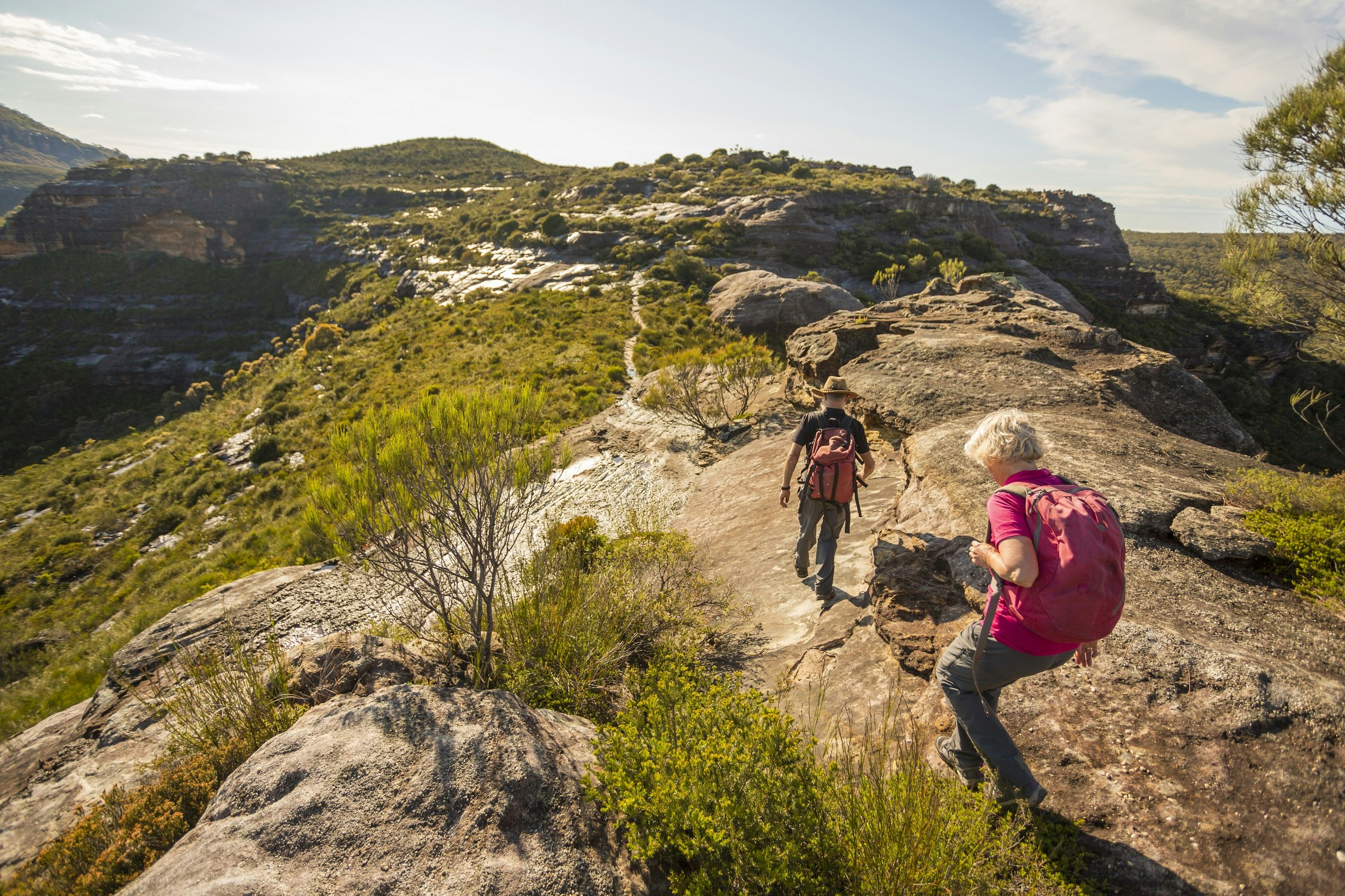 Senior couple hiking in the spectacular Australian Blue Mountains; they are walking along a rocky ridge line towards a forest below.