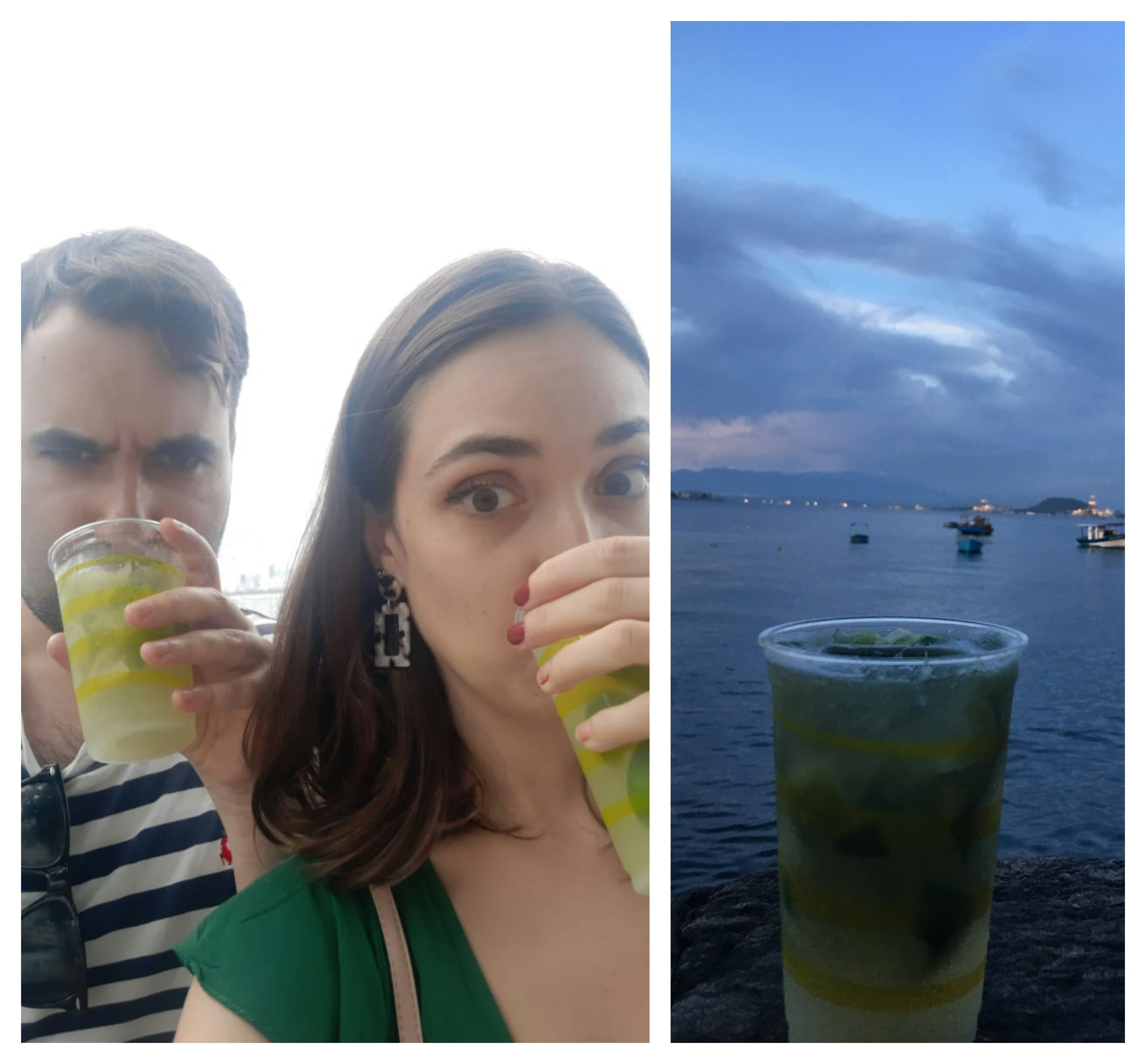On the left, a man and woman drink caipirinhas from a plastic glass. On the right, a close up of a caipirinha at sunset with the beach and sea in the background
