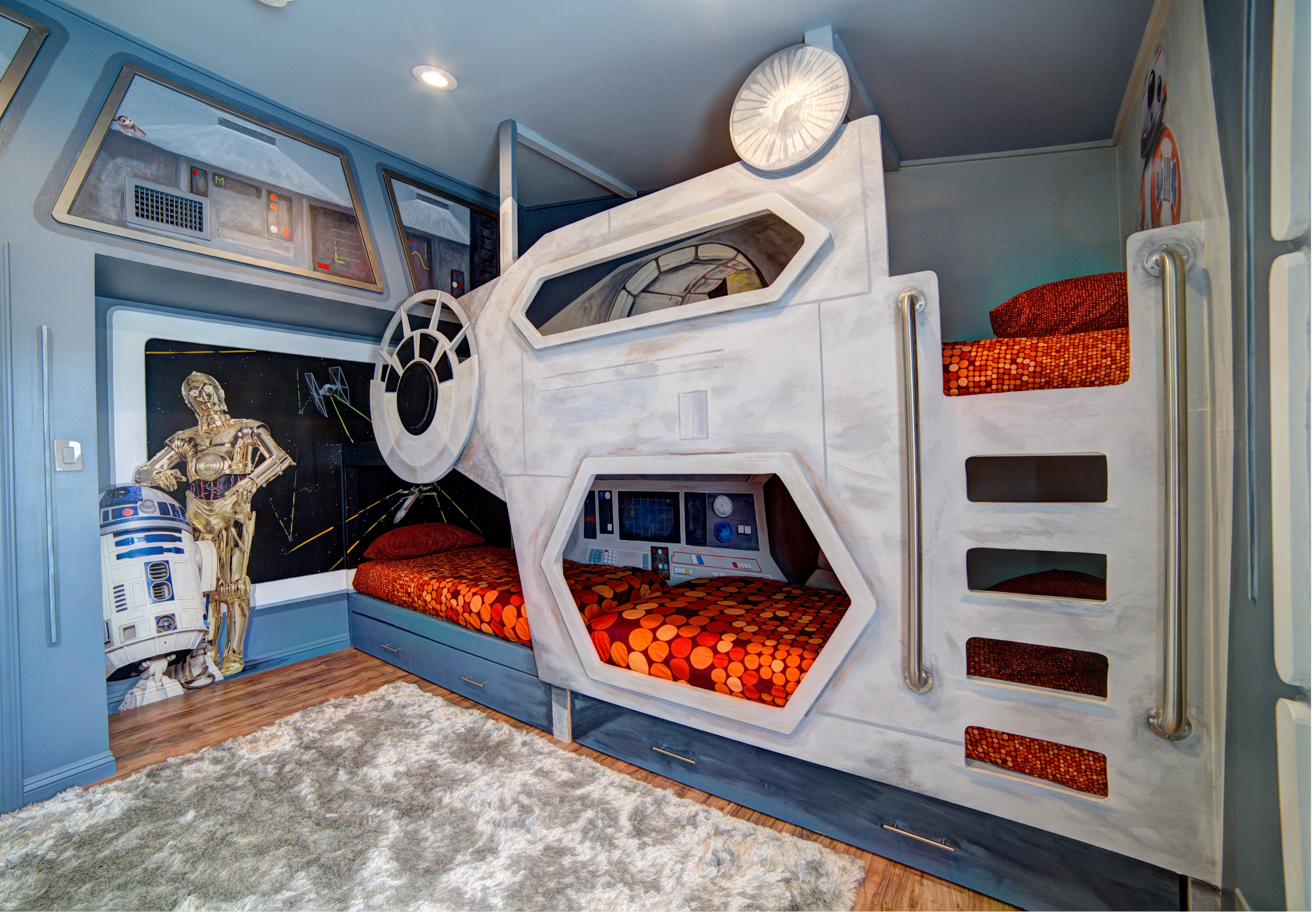 A picture of a bedroom in the California house decorated with Star Wars memorabilia