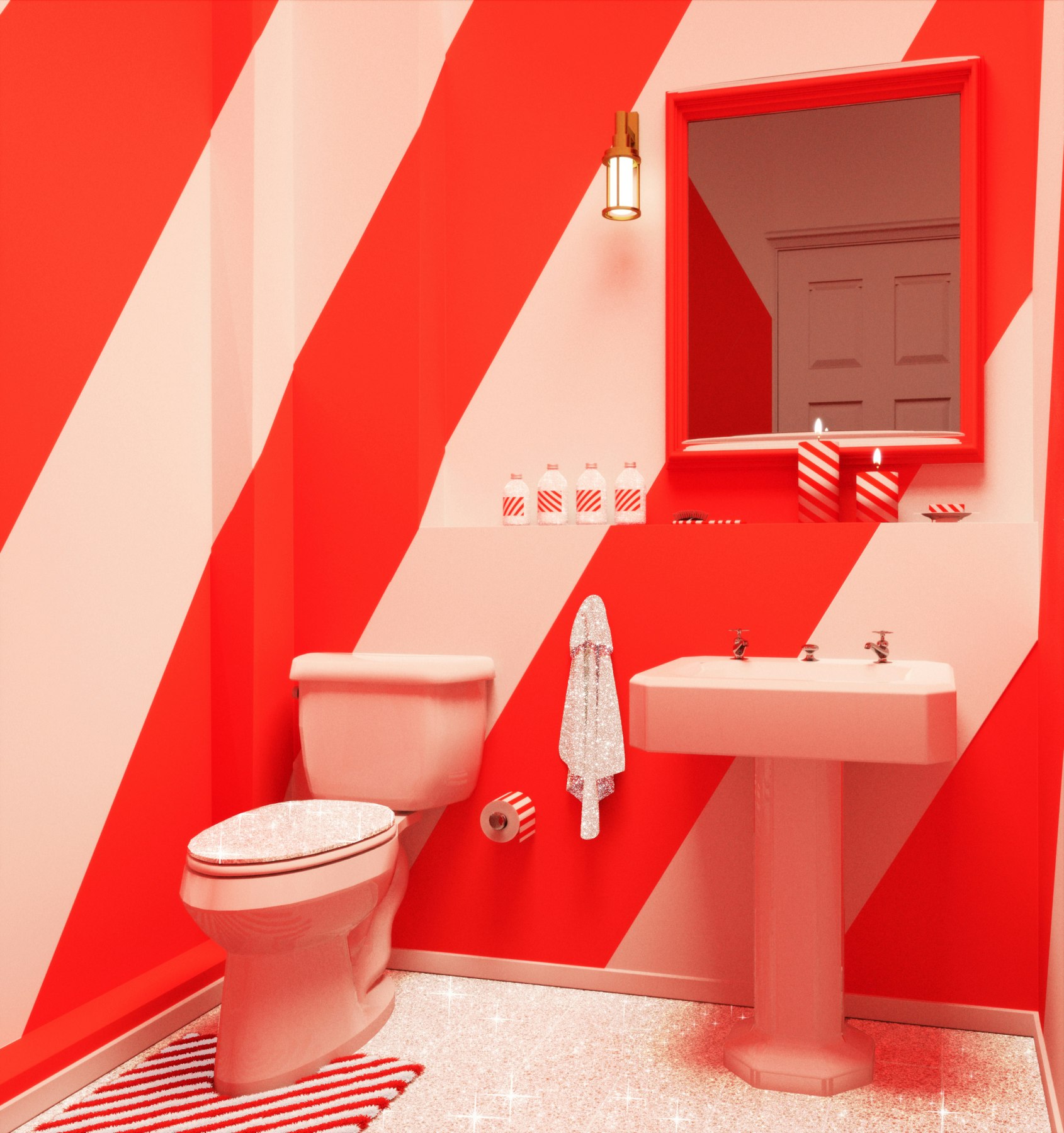 A rendering of the Candy Cane House bathroom, decorated with stripes just like a candy cane