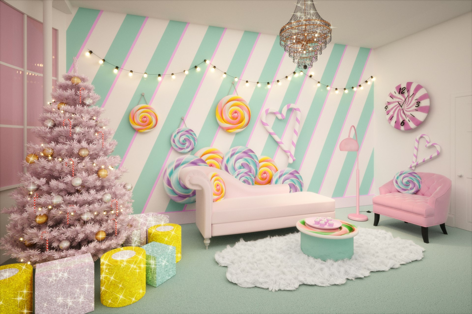 A digital rendering of the Candy Cane House living room decorated in pastel tones
