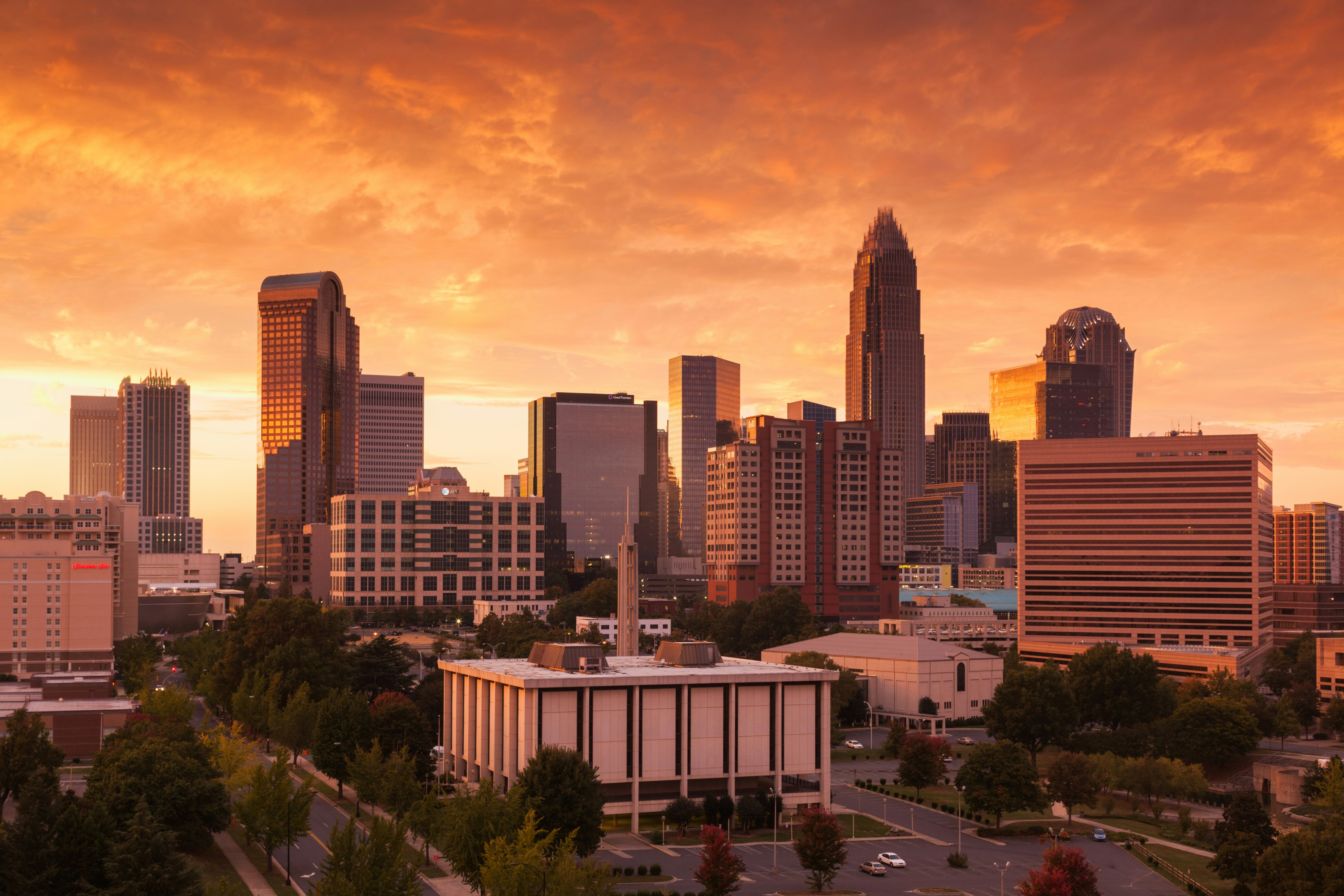 A sunset view of the Charlotte skyline