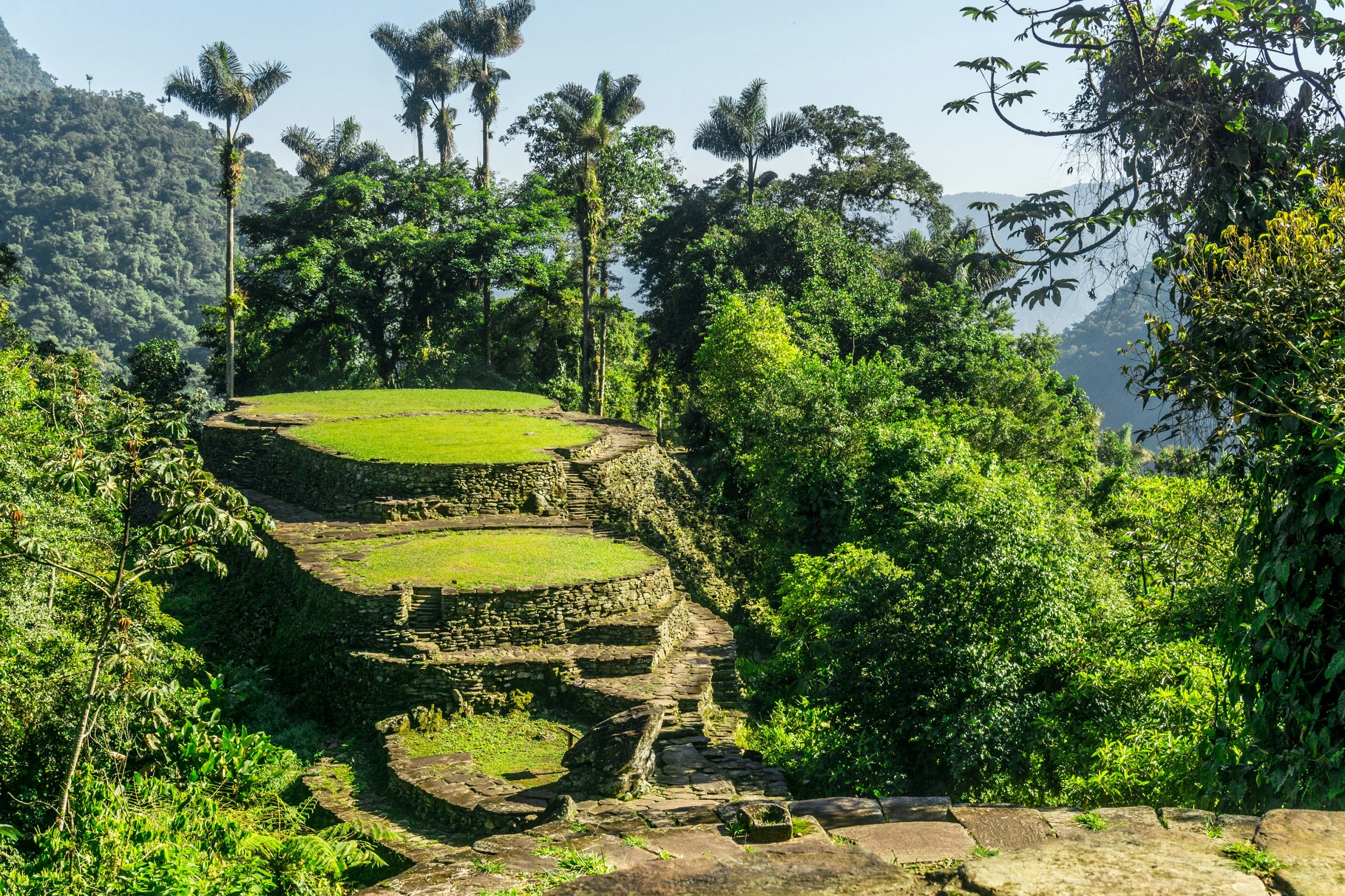 Set within a jungle atop a mountain are several terraced grass fields from an ancient city.