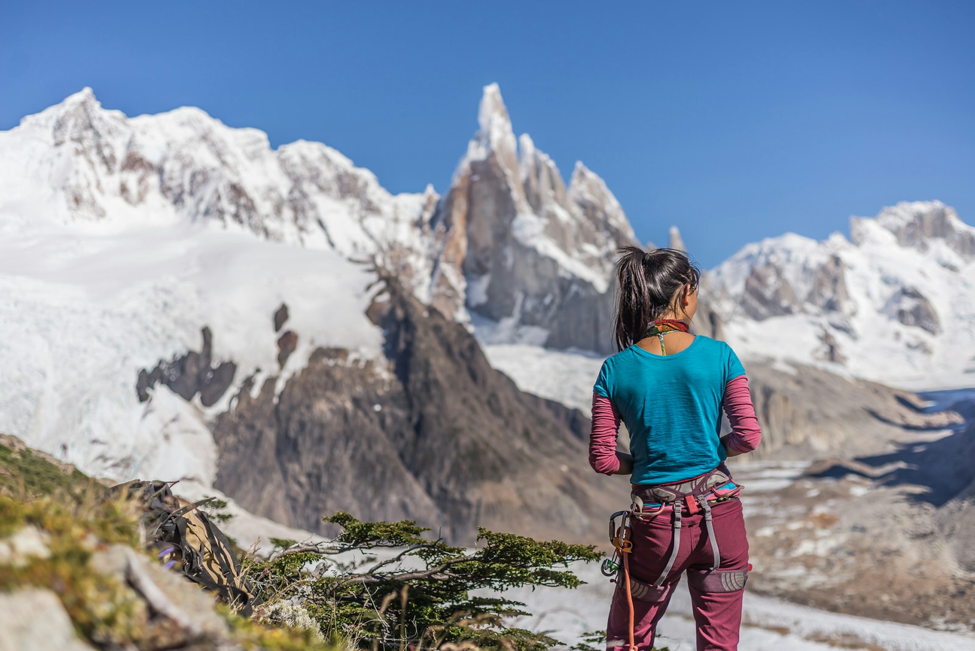 A female rock climber, wearing a harness, stands on a bushy slope and looks down over a valley; jagged, snow-covered slopes and glaciers tower in the distance.