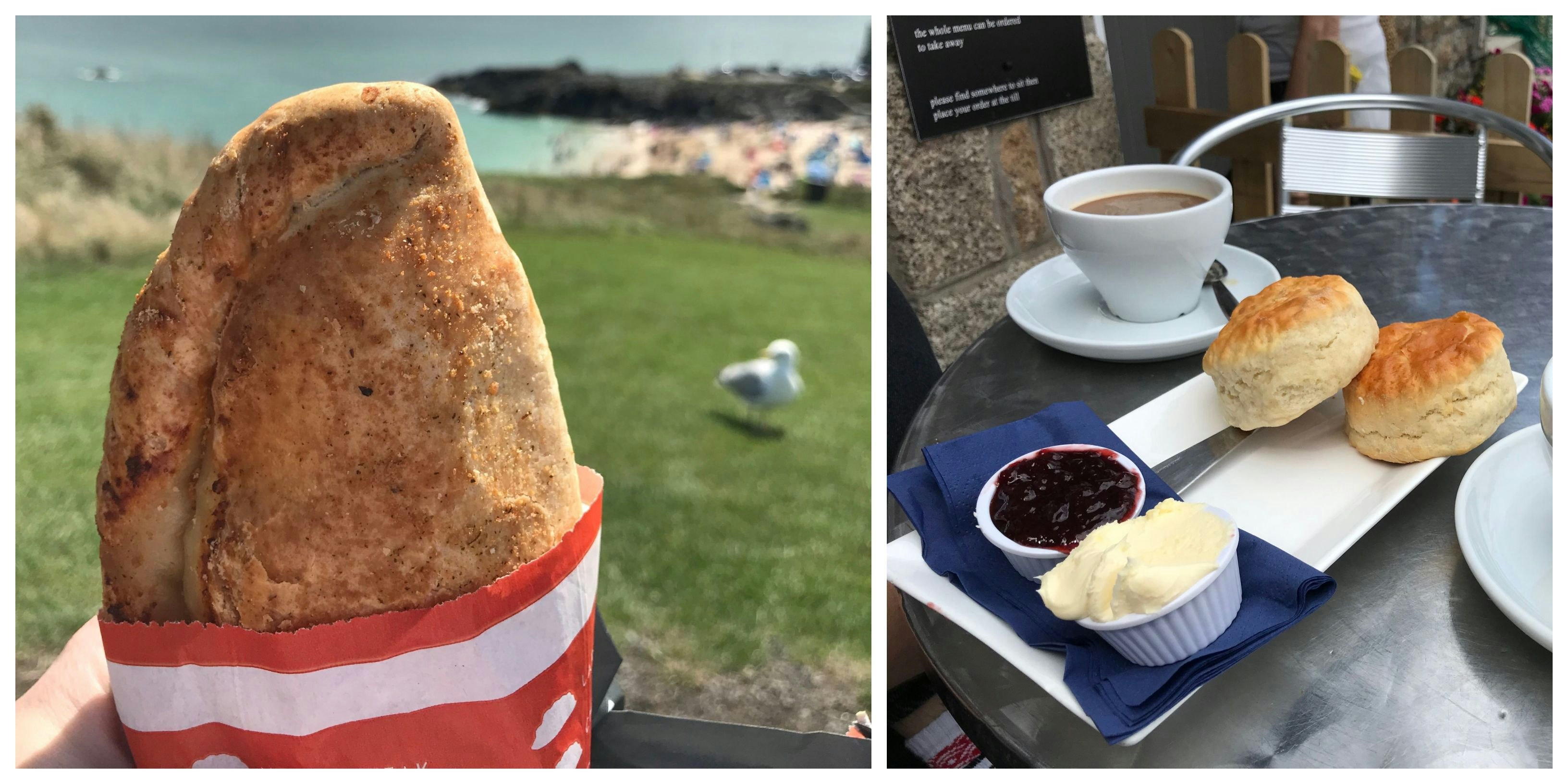 On the left is a close up of a Cornish pasty in red and white wrapping with the sea in the background. On the right, a coffee, two scones, jam and cream