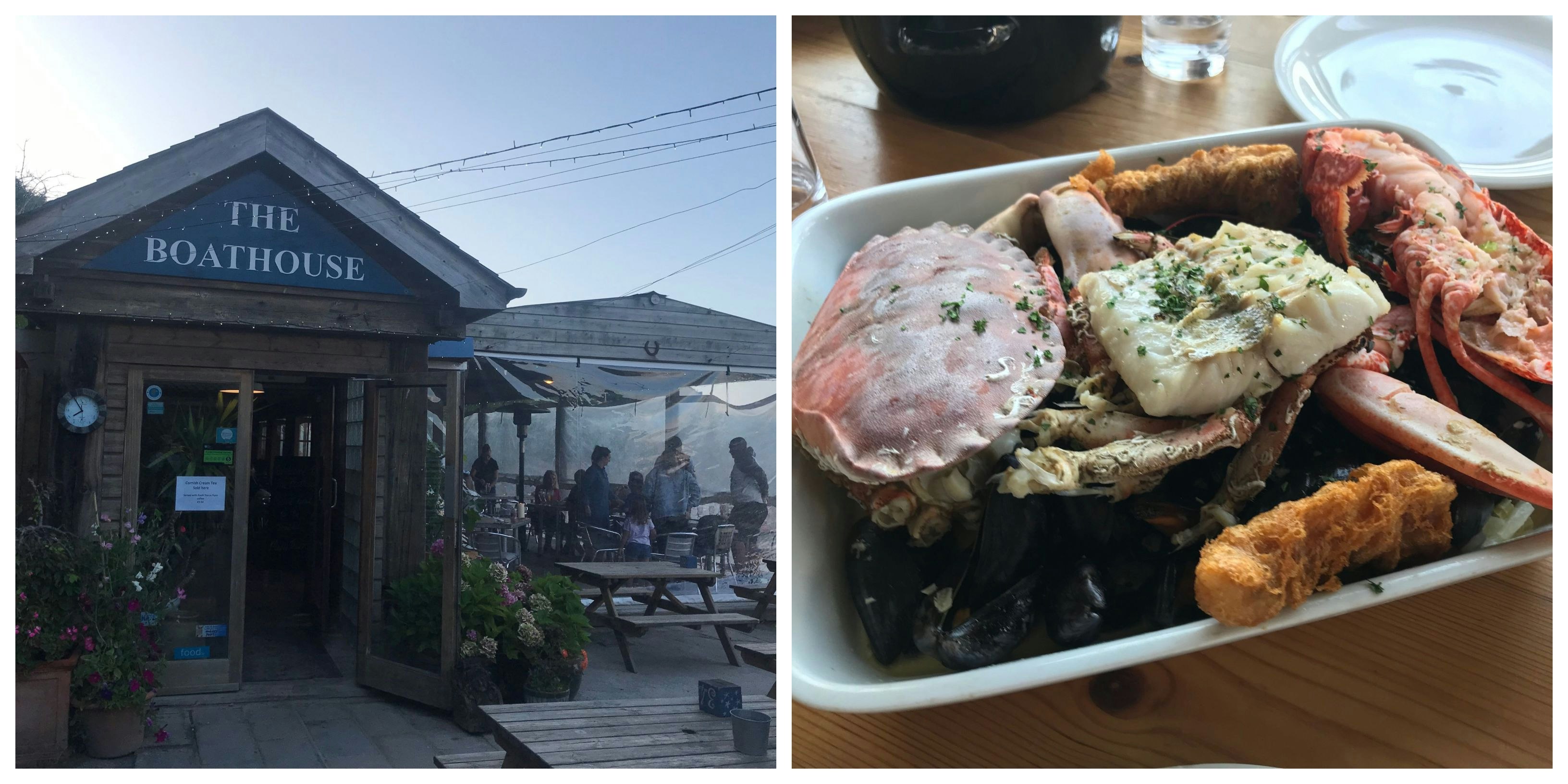 On the right, the wooden facade of the The Boathouse pub at dusk, on the right a close up of the seafood platter dinner