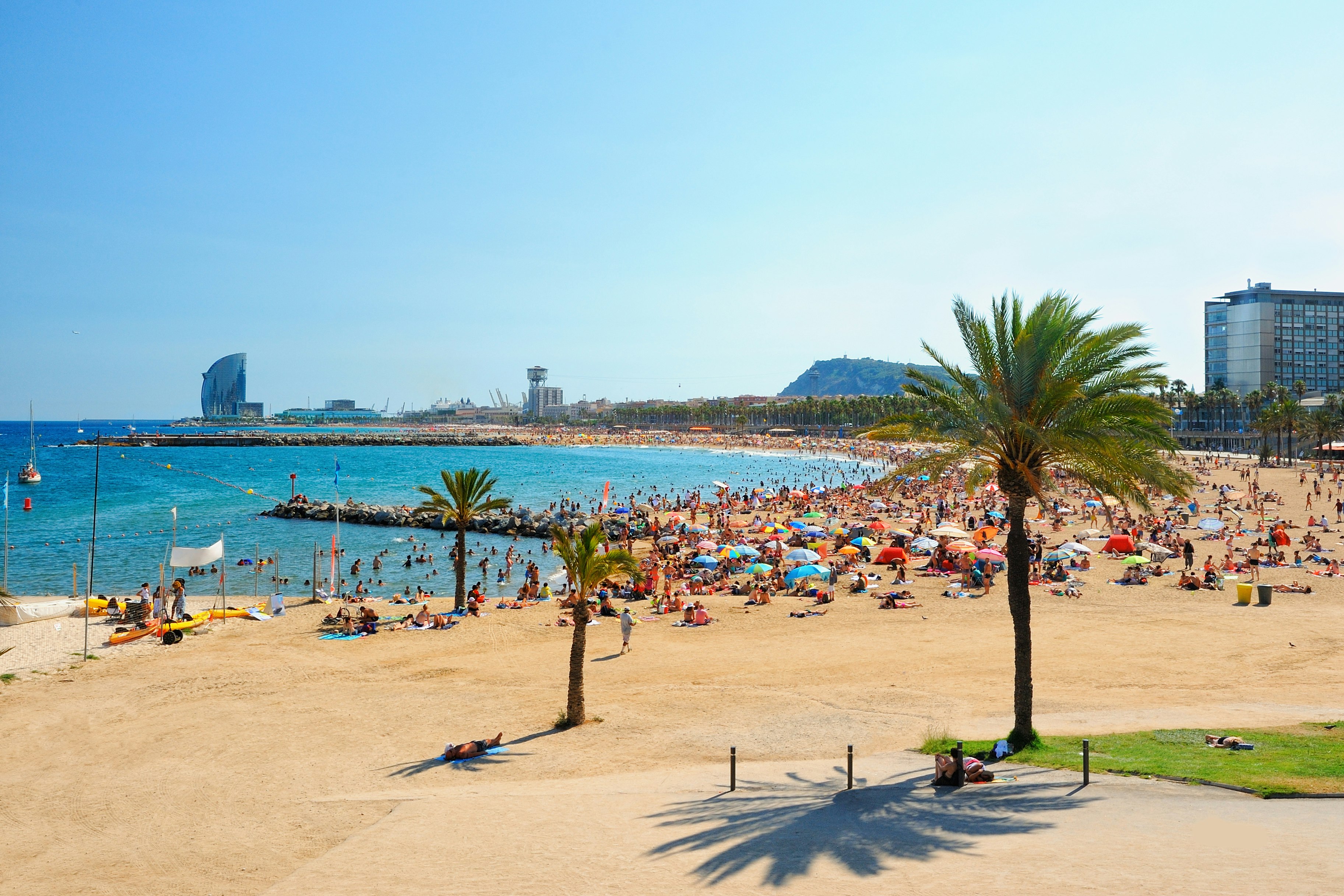 A crowded Barcelona beach on a summers day