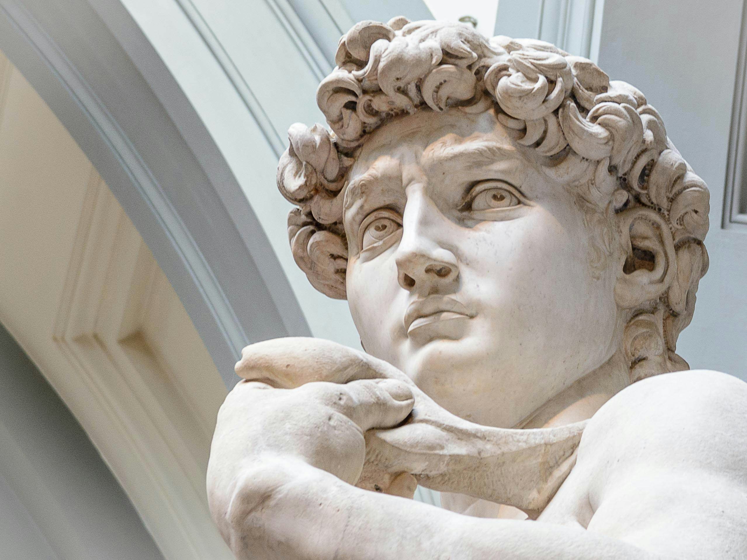 A close up shot of the face and hand of Michelangelo's David
