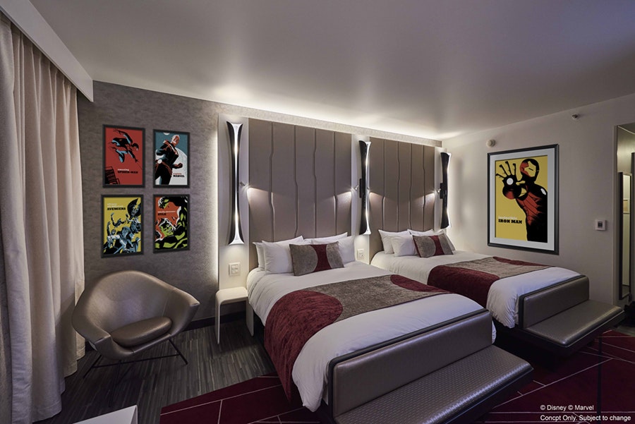 A rendering shows the inside of a hotel room. 