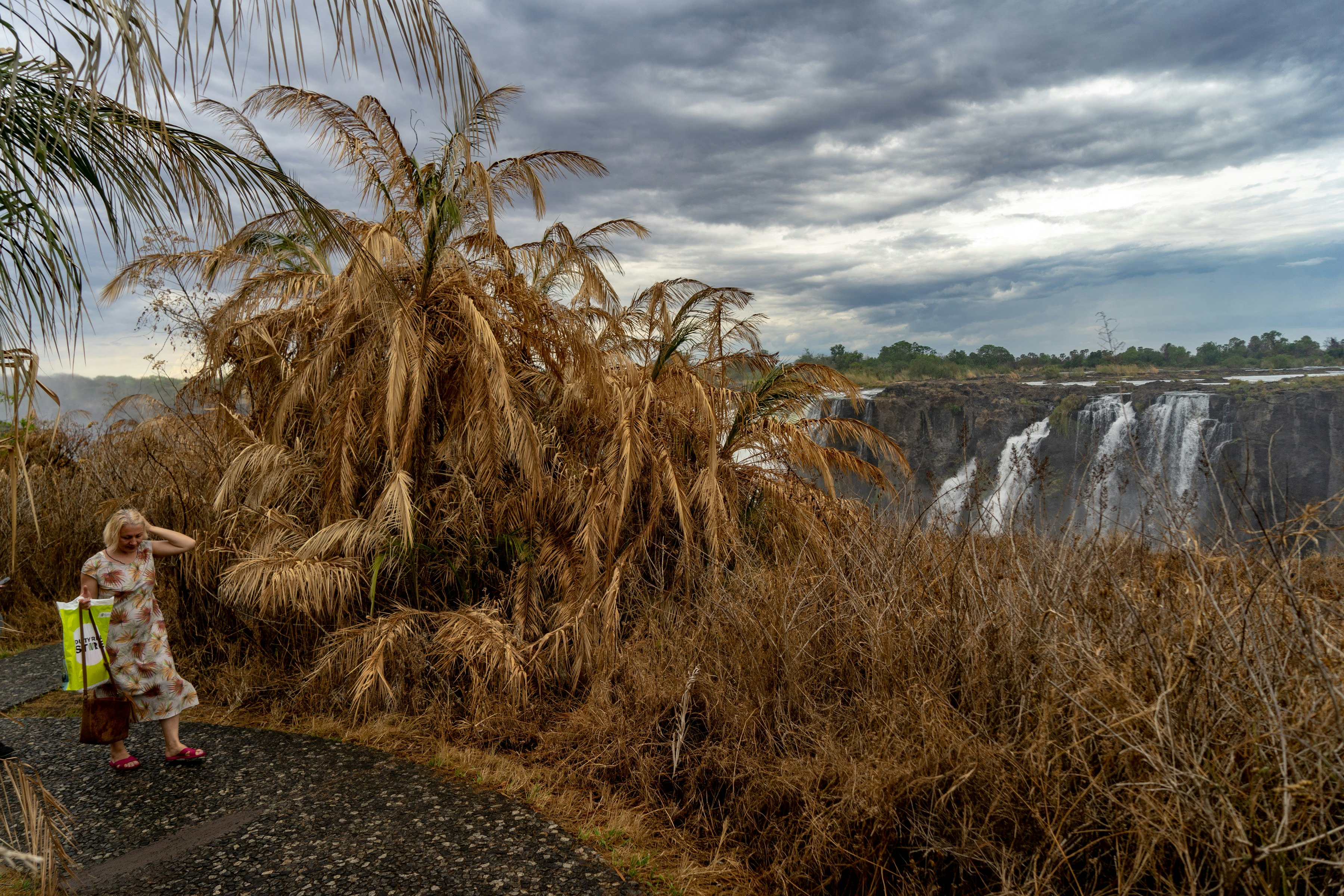 A woman with blond hair in a floral sun dress walks past dry, brown palms and other vegetation with the cascades of Victoria Falls in the background