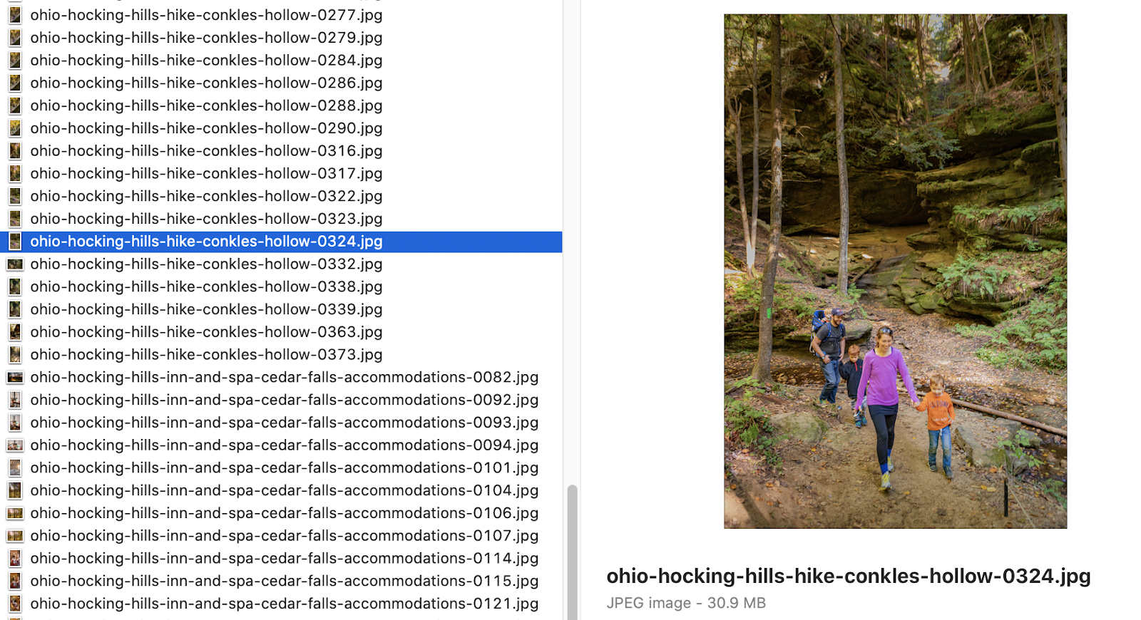 A screenshot of Laura Watilo Blake's file naming convention with a sample of photos from Hocking Hills, Ohio 