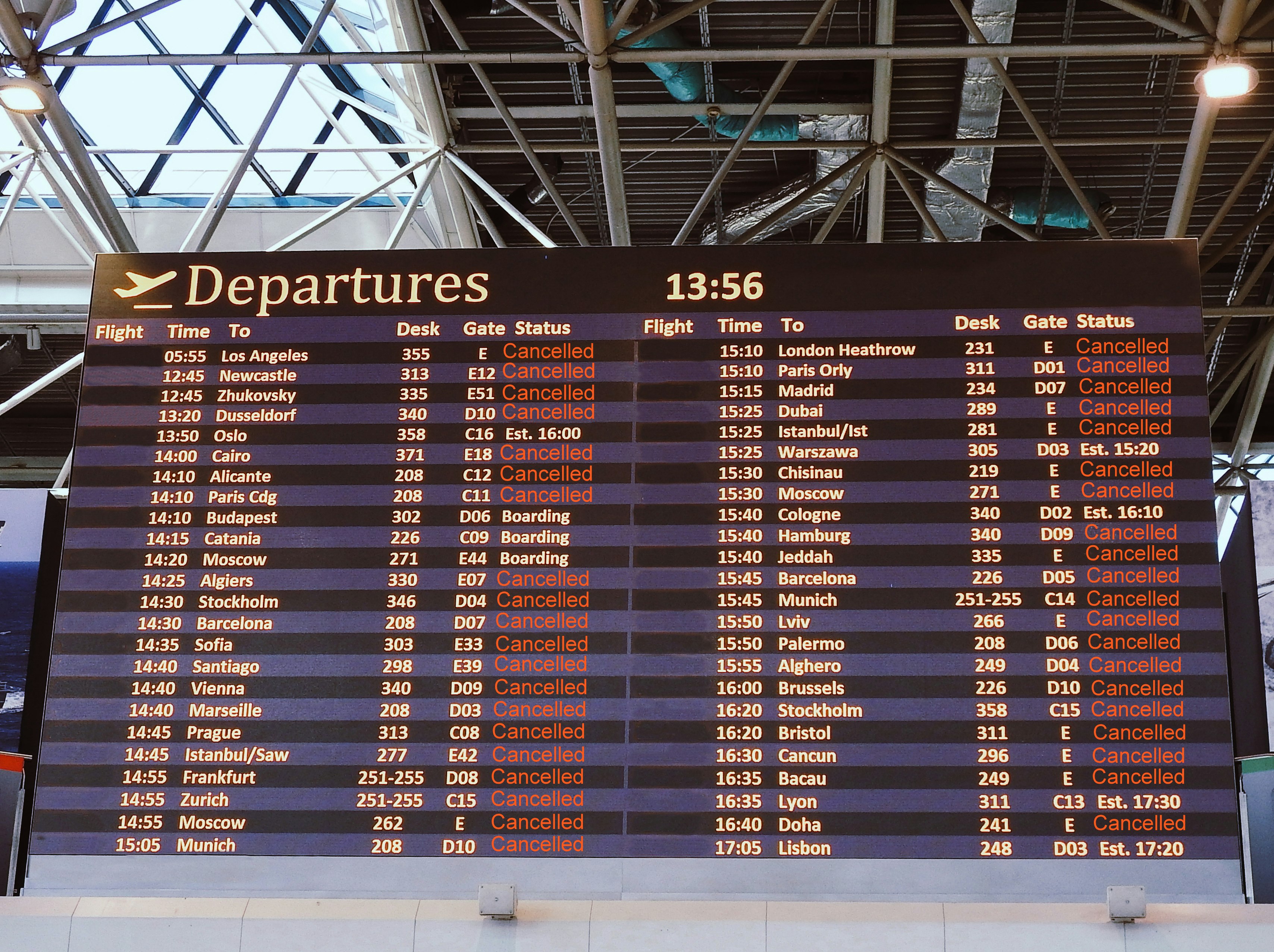 An airport display of flights, many of which are canceled.
