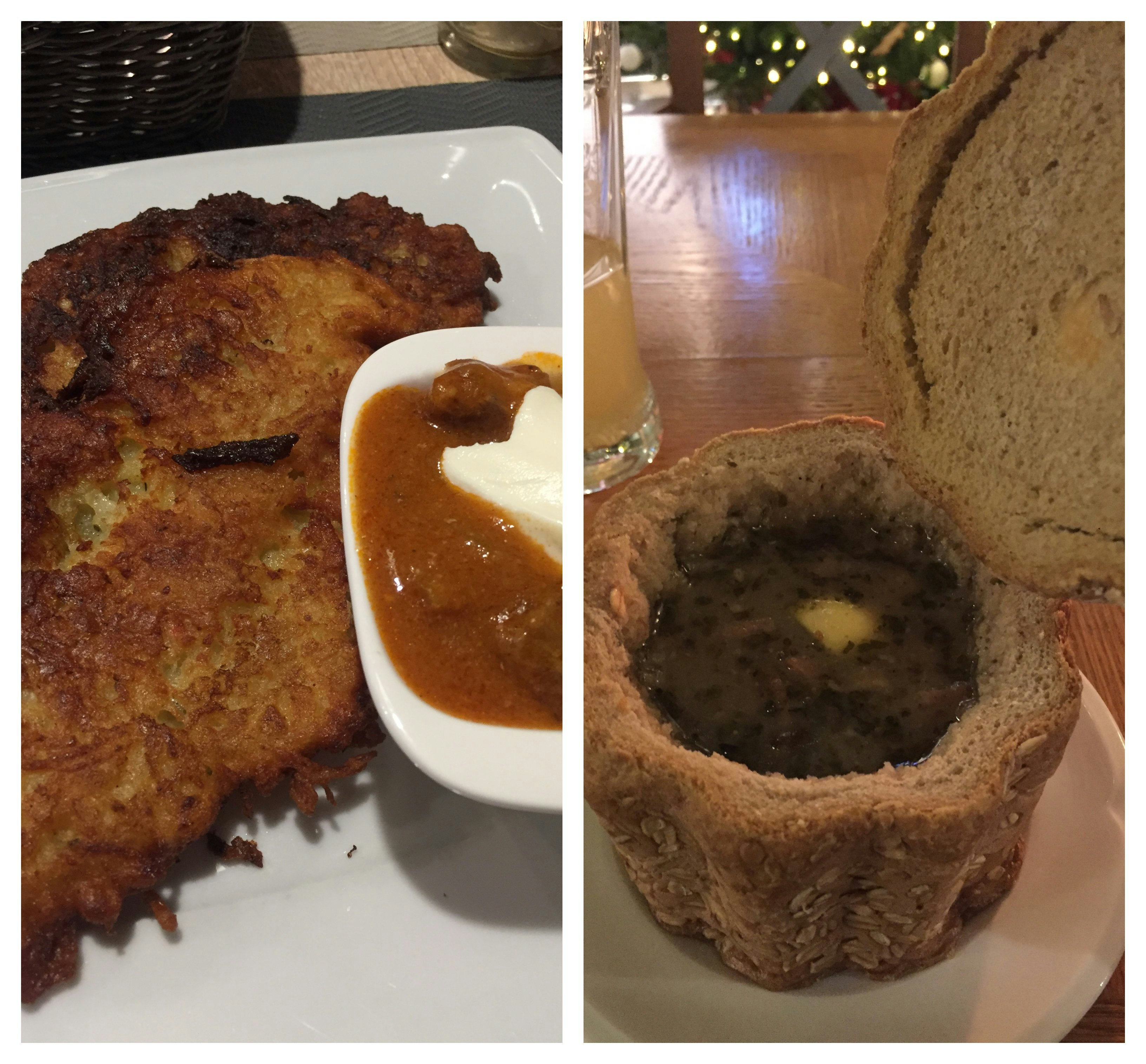 On the left are fried potato pancakes and a red goulash with sour cream on top. On the right, an open bread bowl of soup
