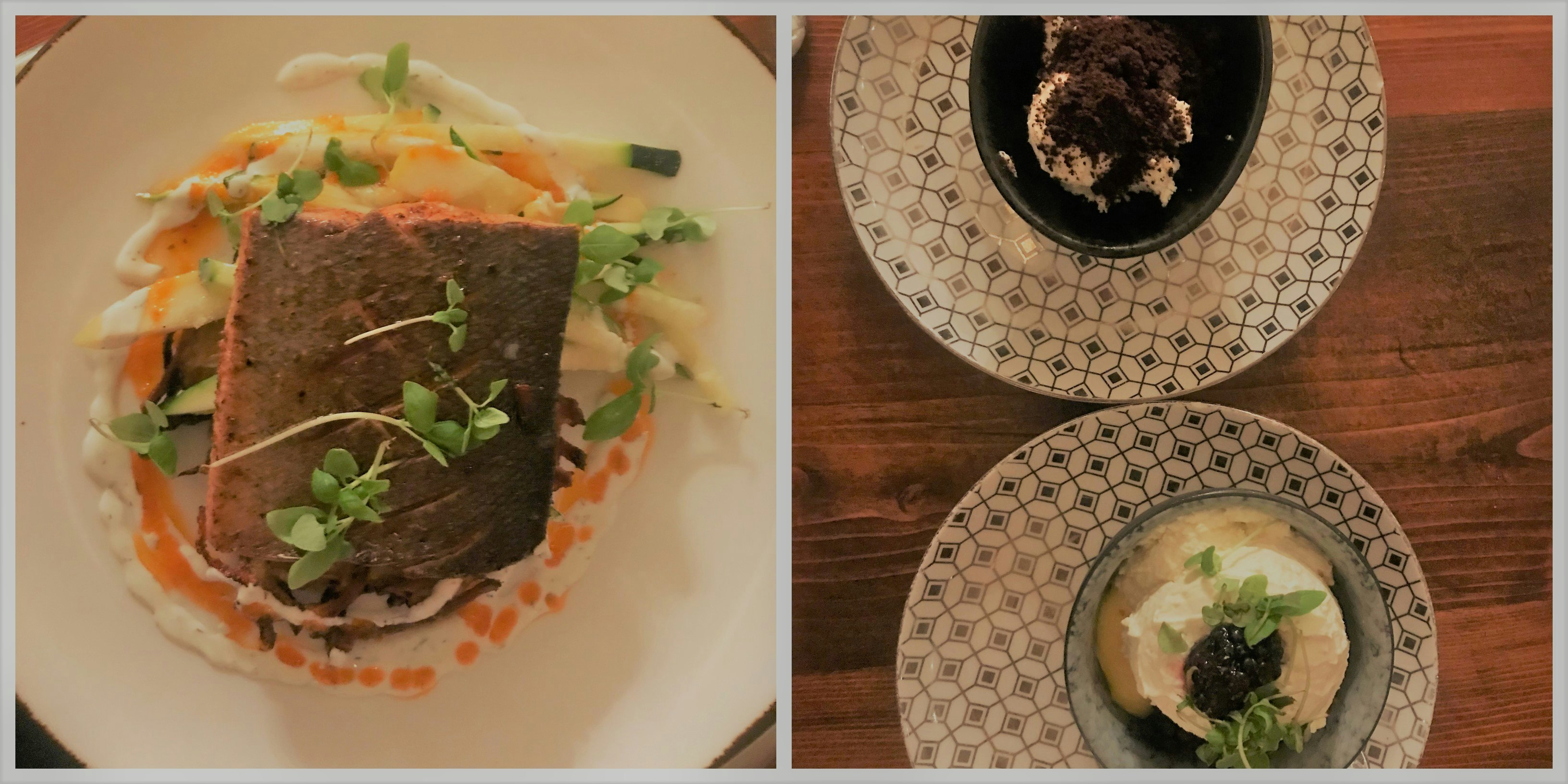 On the left, a close up of the wild salmon dinner and a dirt cup dessert