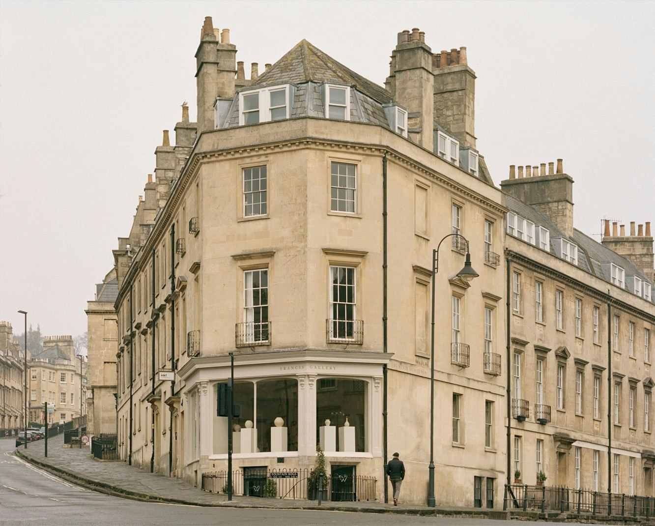 The unassuming exterior of the Francis Gallery, Bath, located in a traditional sandstone building.