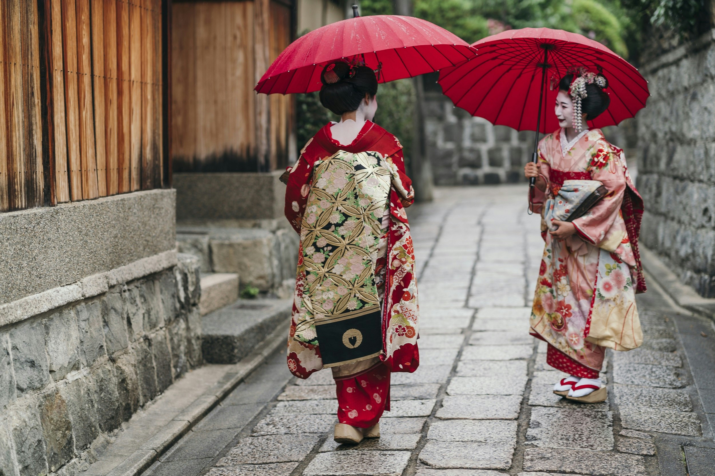 Maiko geishas with red umbrellas walking on a street of Gion in Kyoto, Japan.