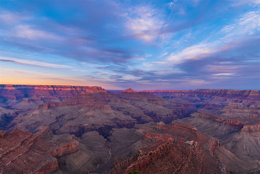 A wide shot of the Grand Canyon from a high overlook