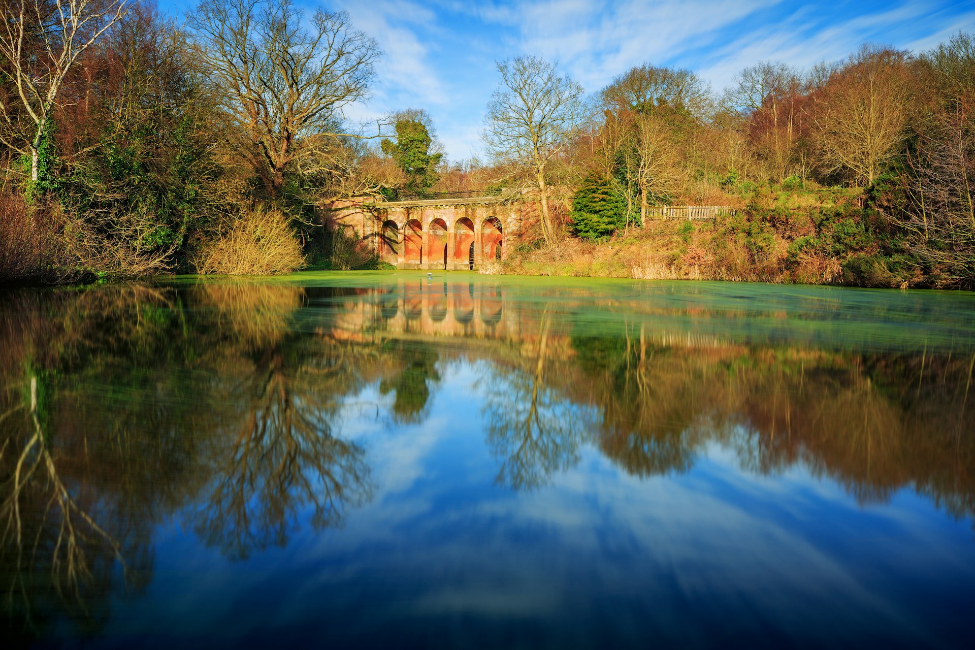 A calm pond surrounded by trees, with an arched bridge in the background