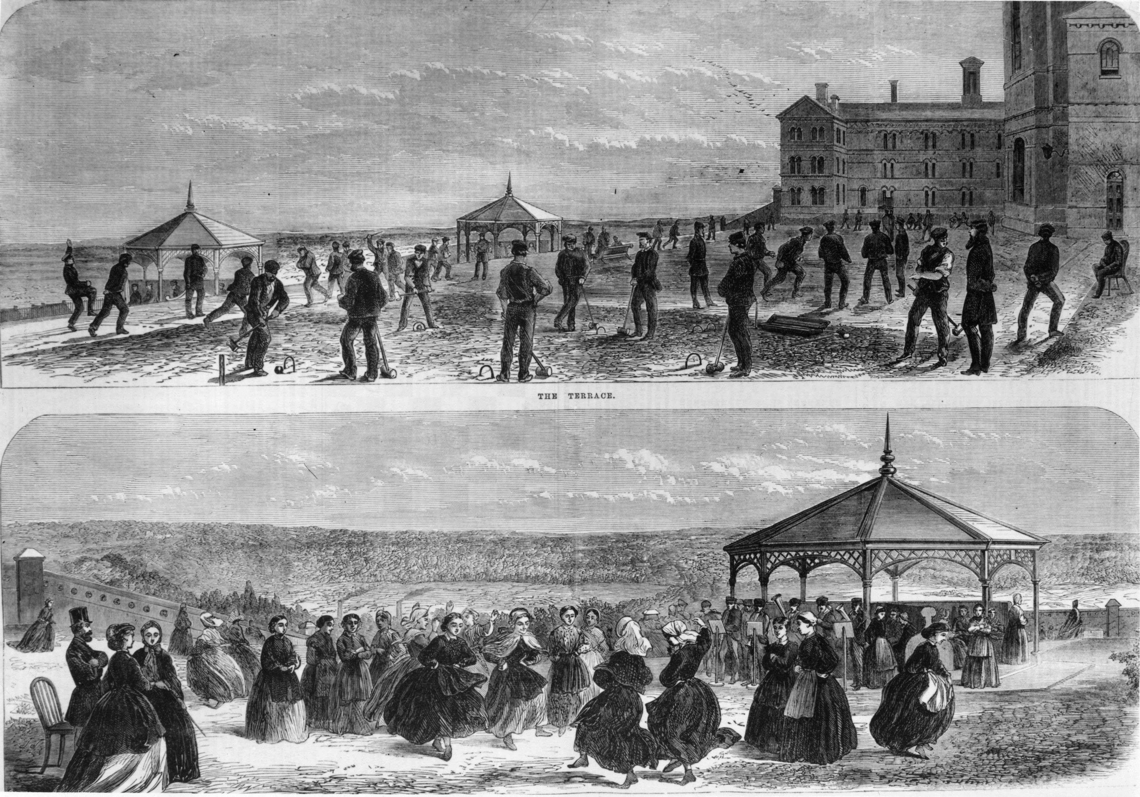 An historic print showing patients outside Broadmoor in the 1860s