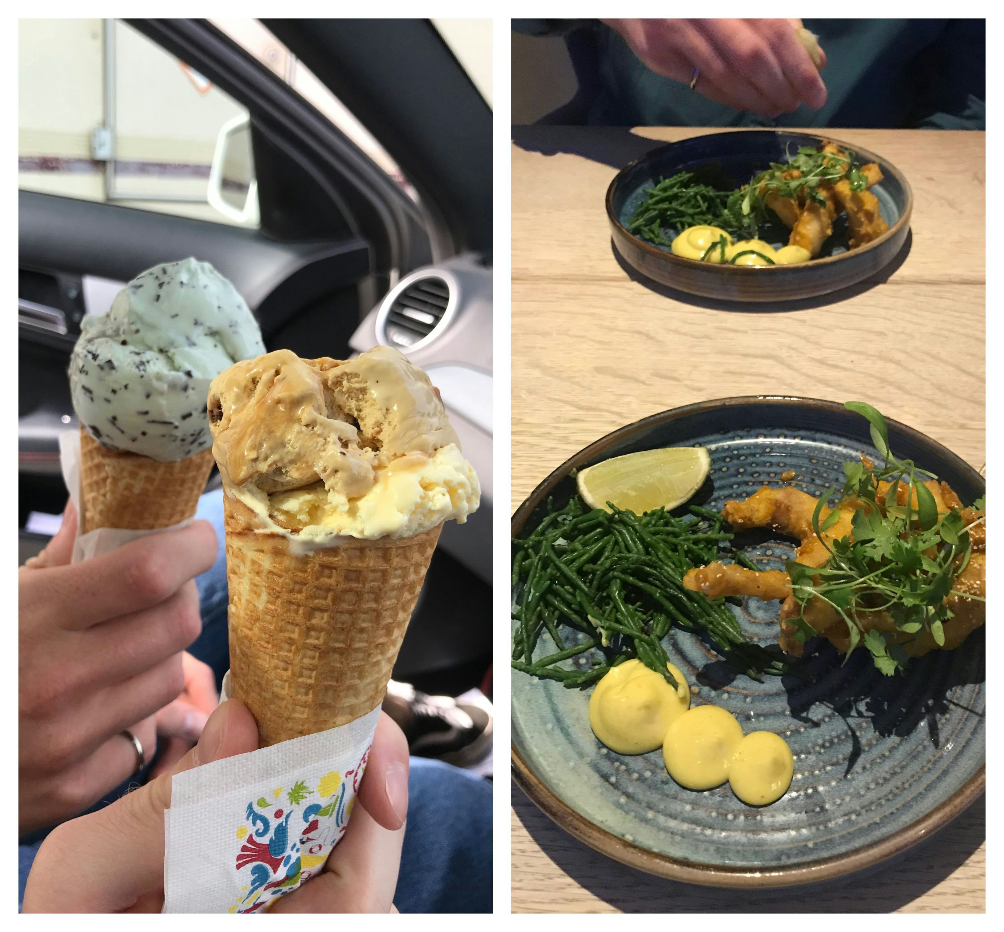 On the left, a close up of two ice-cream cones. On the right, two starters of tempura fish.