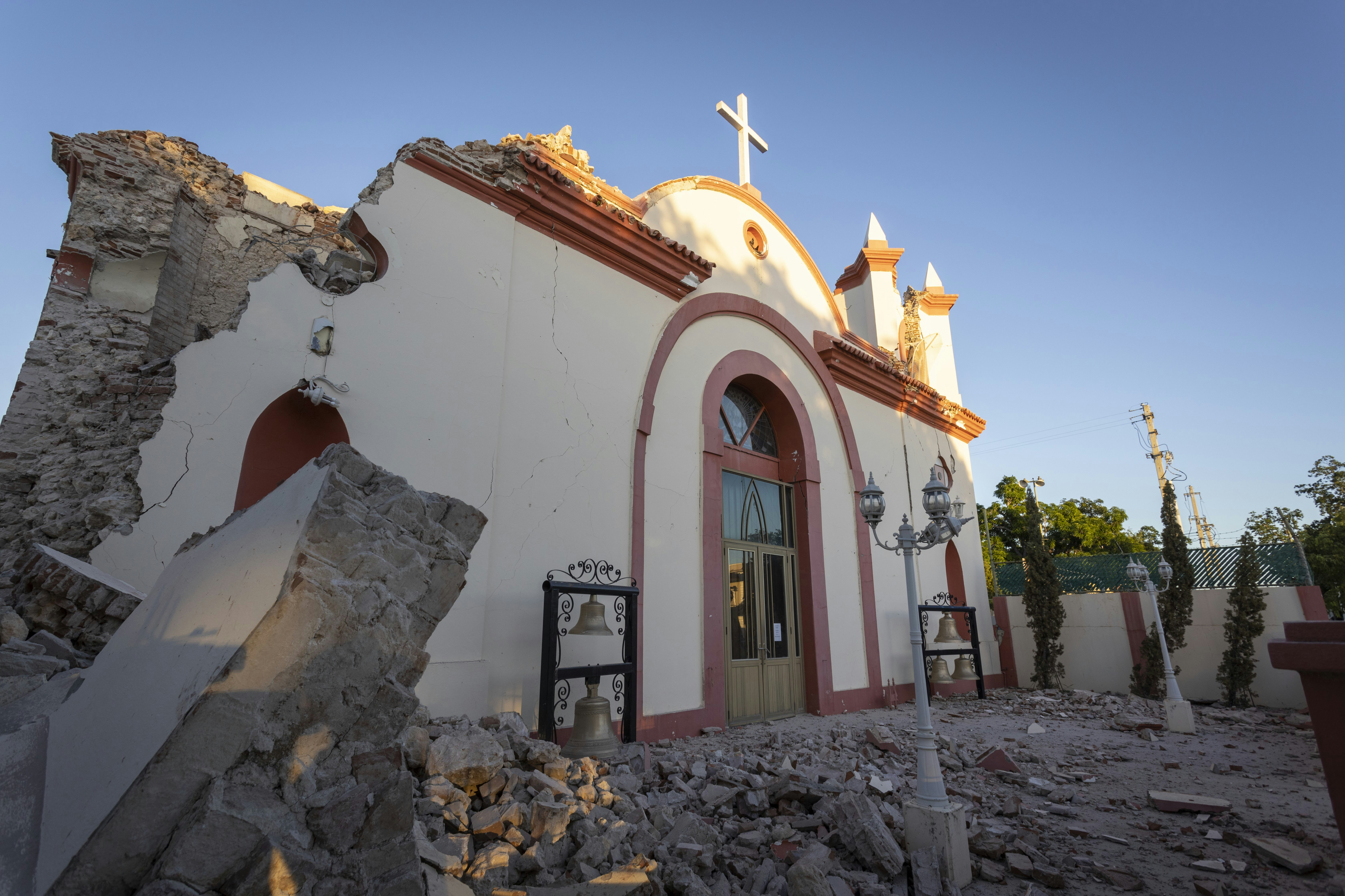 The front facade of this Catholic Church in Guayanilla, Puerto Rico is surrounded by rubble after the 2020 earthquakes