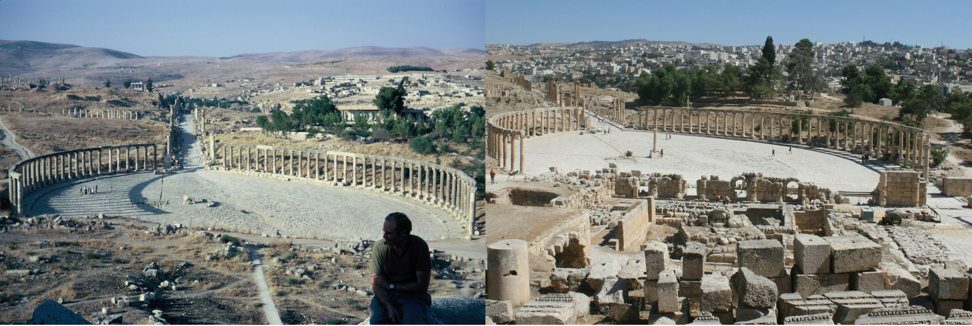 Two side-by-side images, one of the Roman Ruins of Jerash in 1972, the other of it in 2019; both are remarkably similar, with a circle of stone pillars, but the hills in the background are now covered in development.