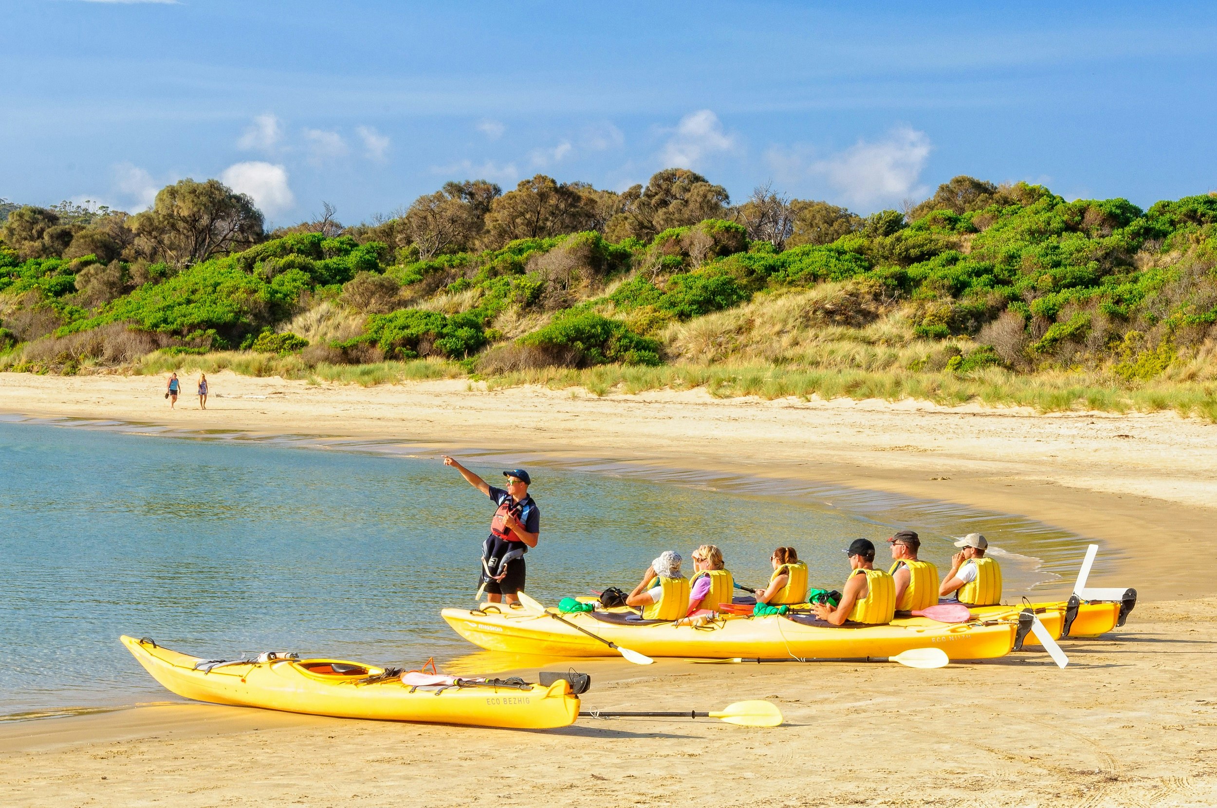 Six people sit in three two-man kayaks on a sweeping section of beach; the instructor stands in the shallows (his empty kayak on the beach) and points out something in the distance.