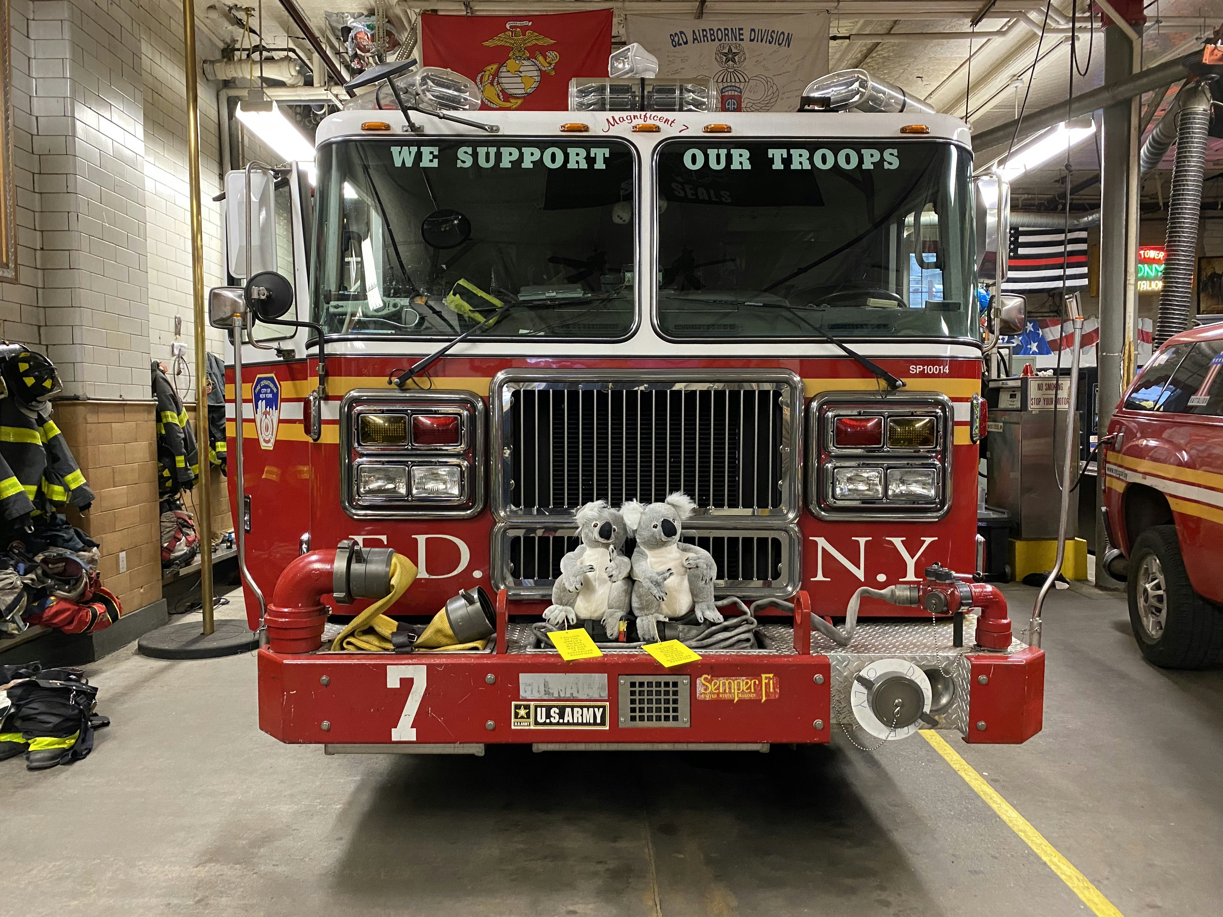 Two stuffed koalas sit on a fire truck in NYC