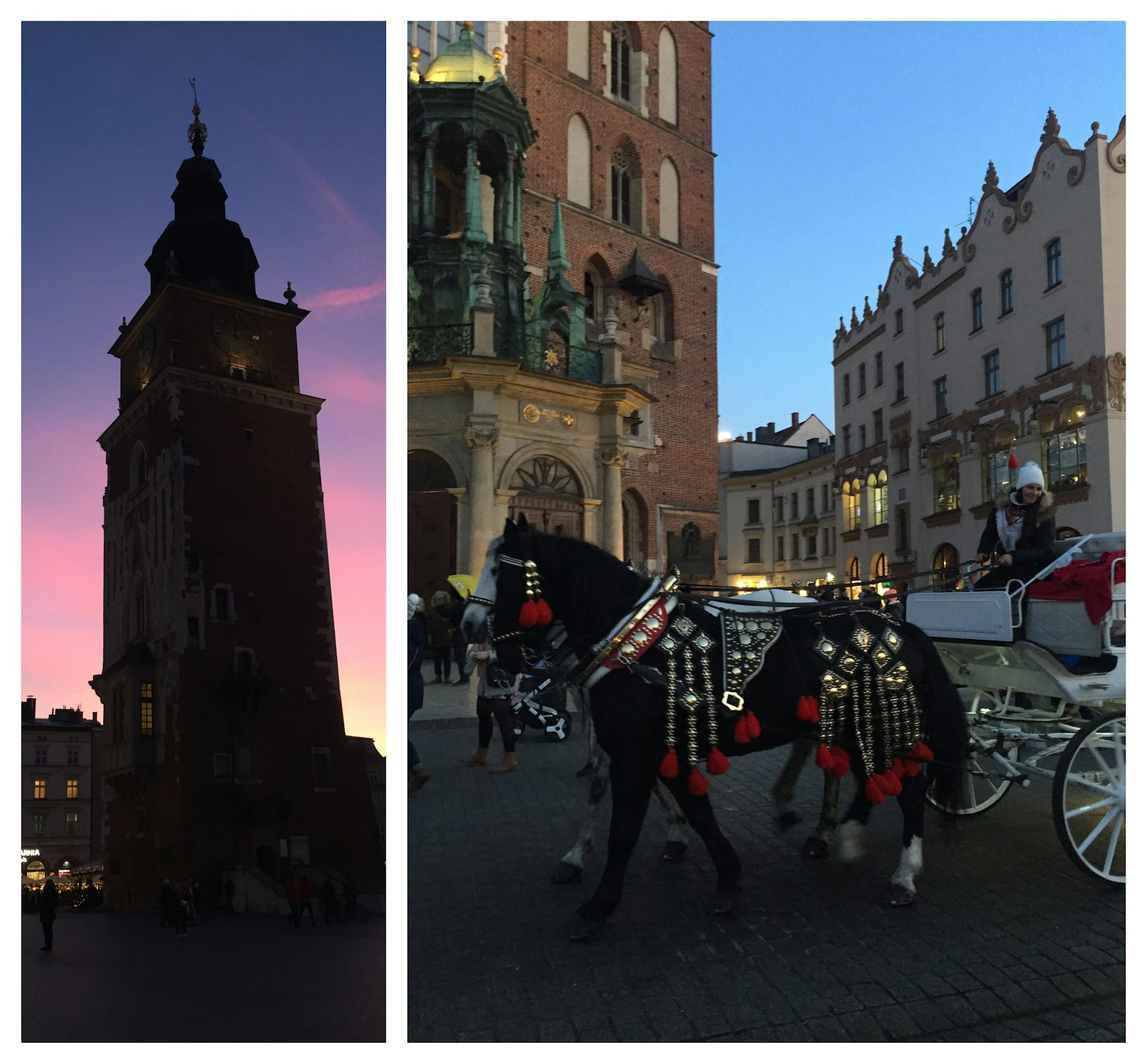 On the left, a luminous pink sky behind a tower. On the right, a horse-drawn carriage.