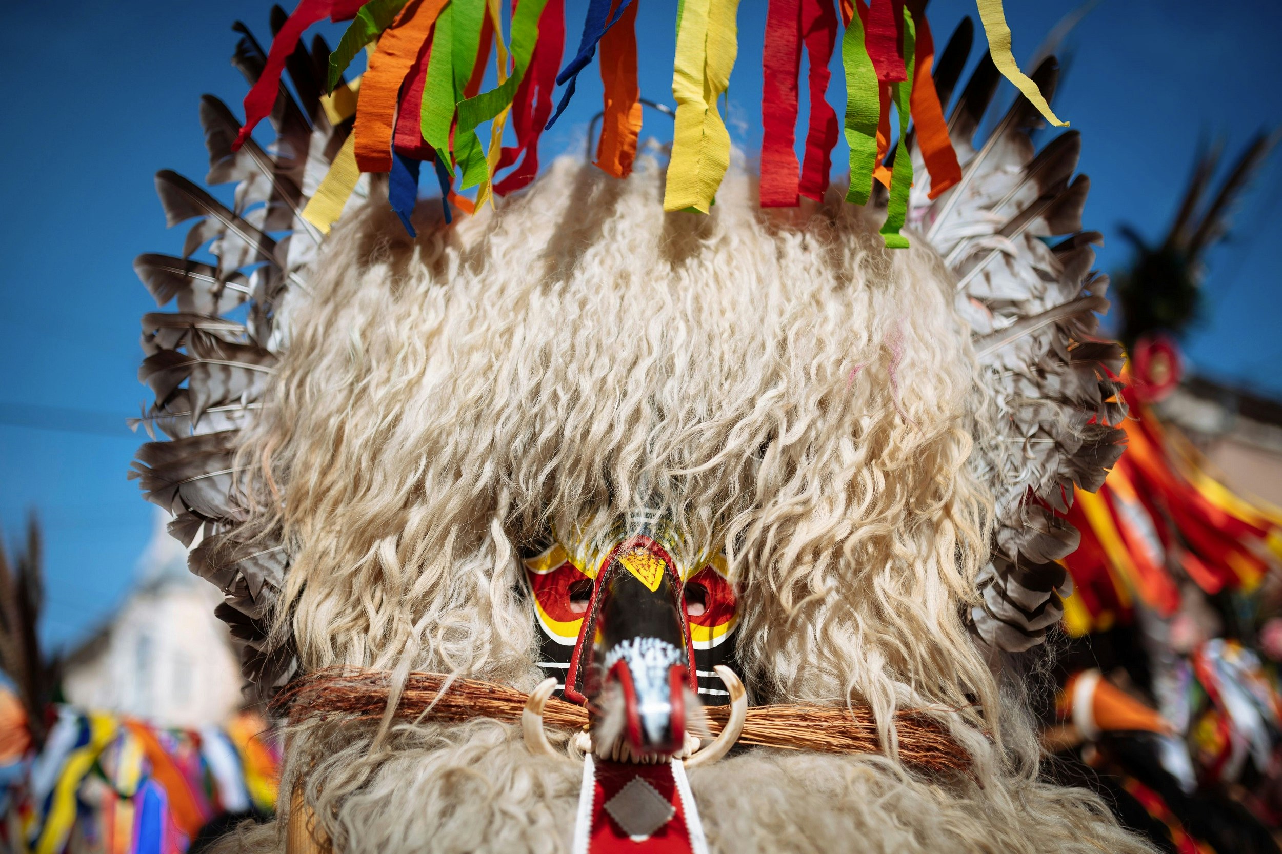 The furry head of a kurent, with a leather mask completely covering the face. Feathers and colourful ribbons ring the top of the headdress