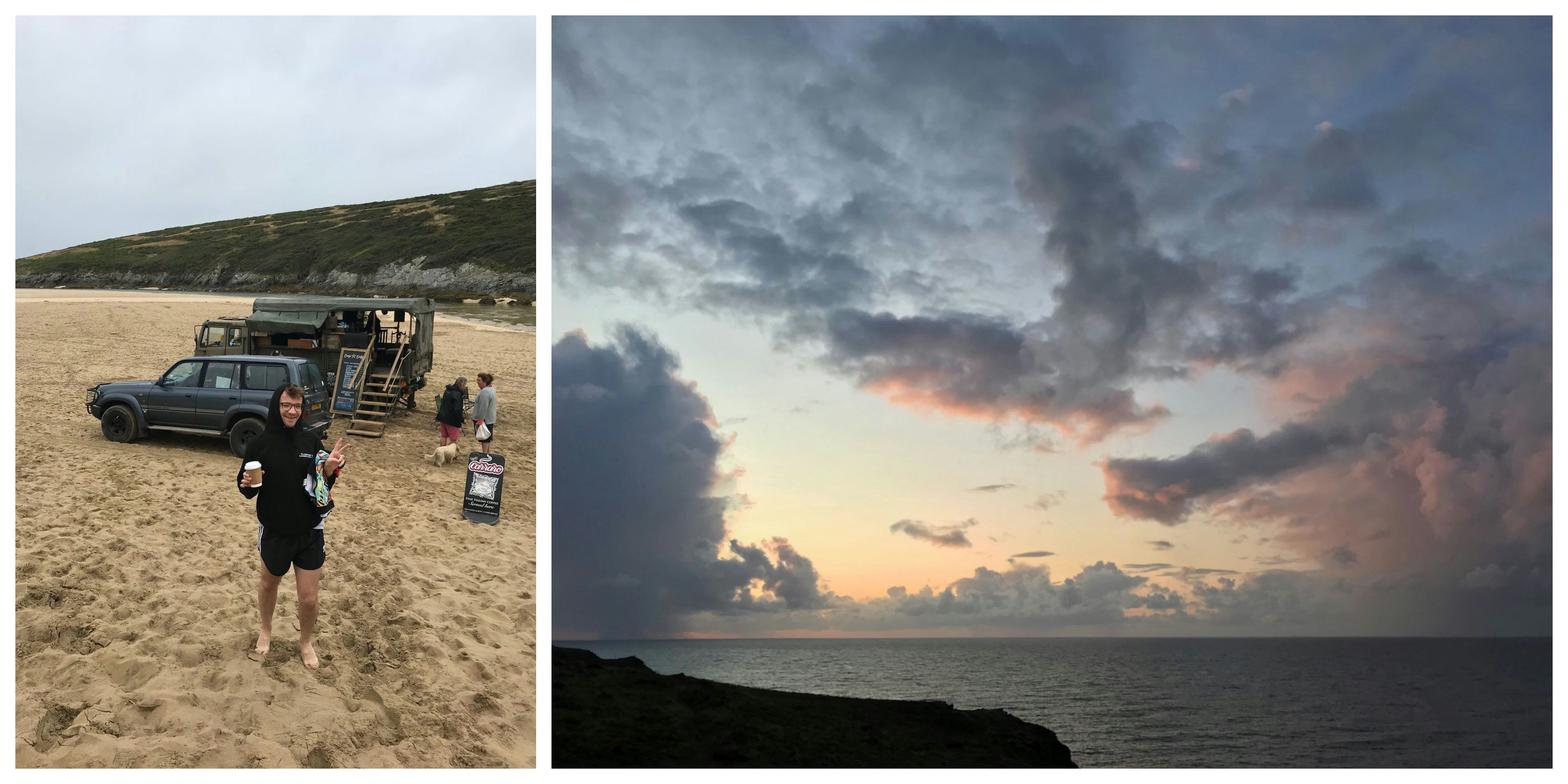 On the left, the author's partner poses on the beach with a coffee in hand. On the right, the evening sky with orange, gold and red colours.