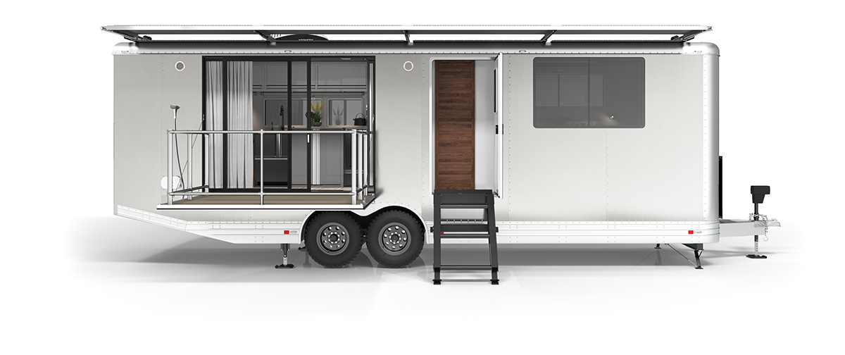 A digital rendering of the exterior of the Living Vehicle, of a metallic grey colour