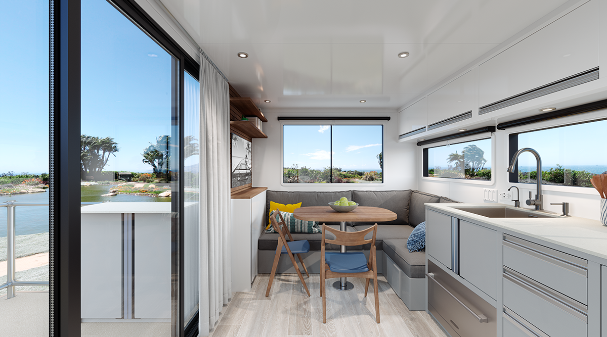 A digital rendering of the lounge area of the trailer, looking bright and modern