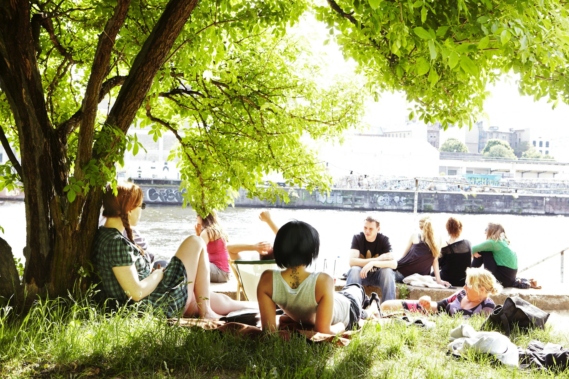 A group of people are lounging under a tree in a park on the banks of the Spree River in Berlin on a sunny day.