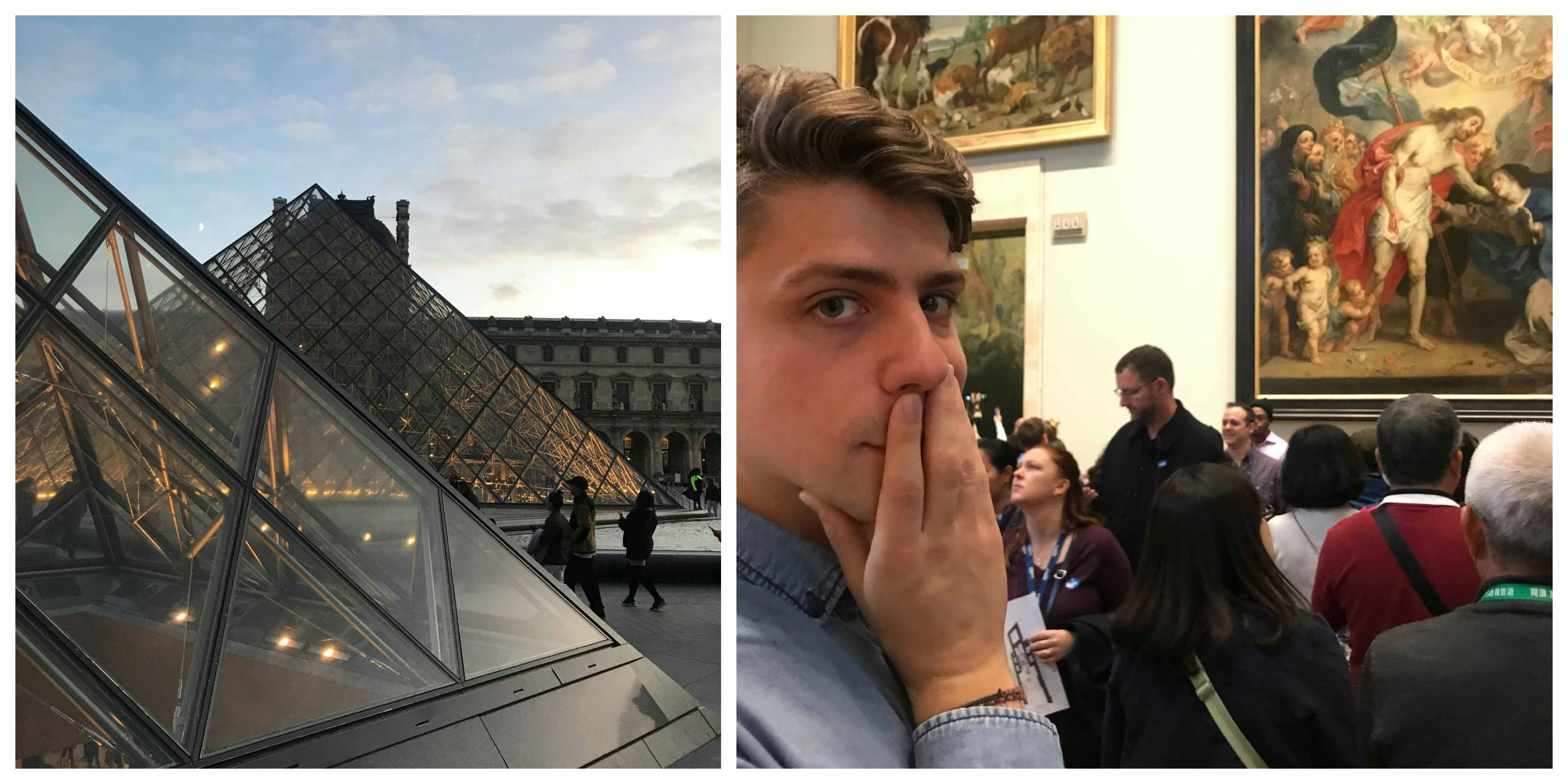 On the left the Louvre pyramid glows with warm lights as the sun goes down. On the right a man looks in shock at the enormous queue for the Mona Lisa